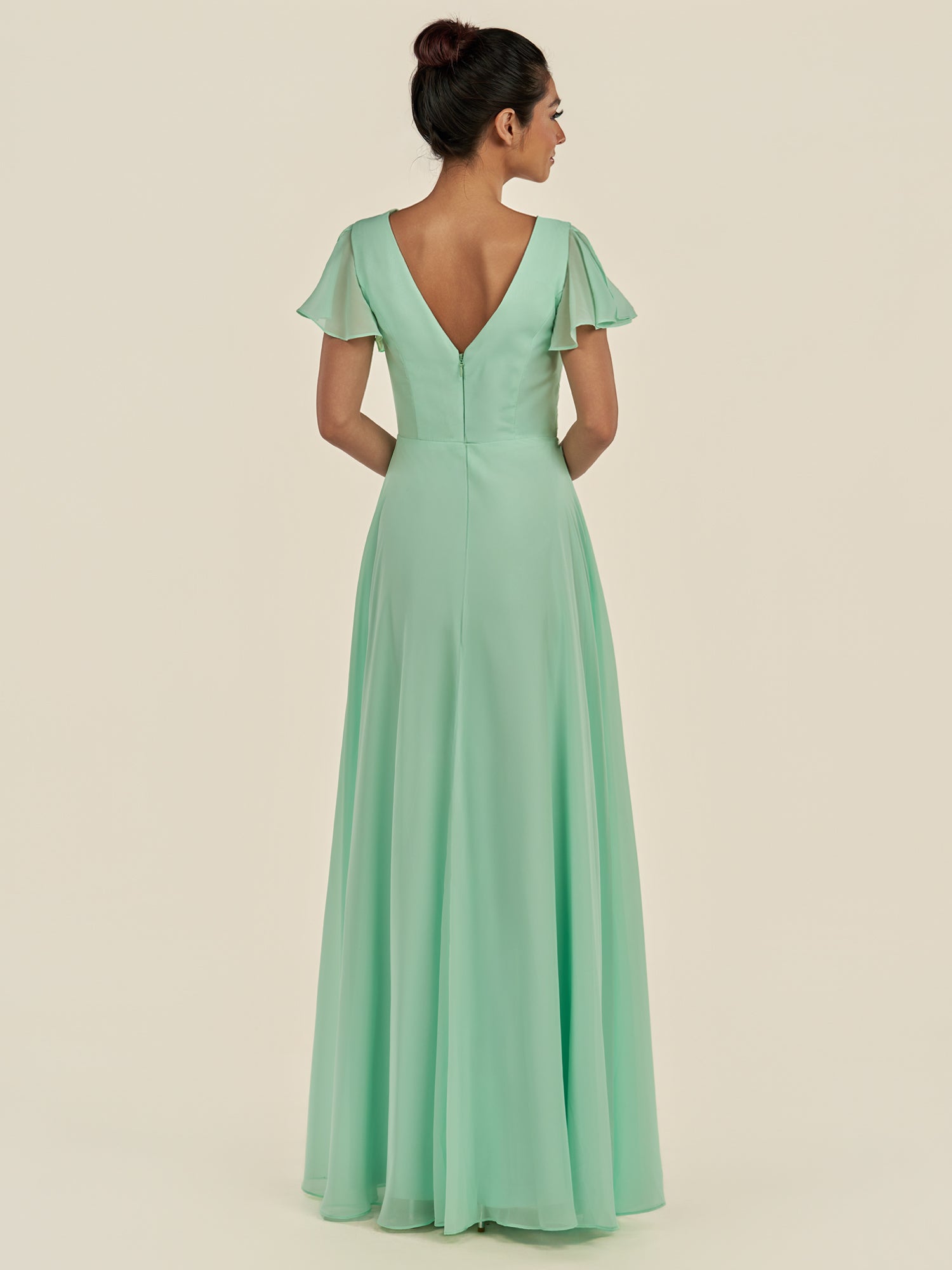 KissDress-Corin Pale Pistachio A Line Chiffon V Neck Long Bridesmaid Dress with Flutter Sleeves