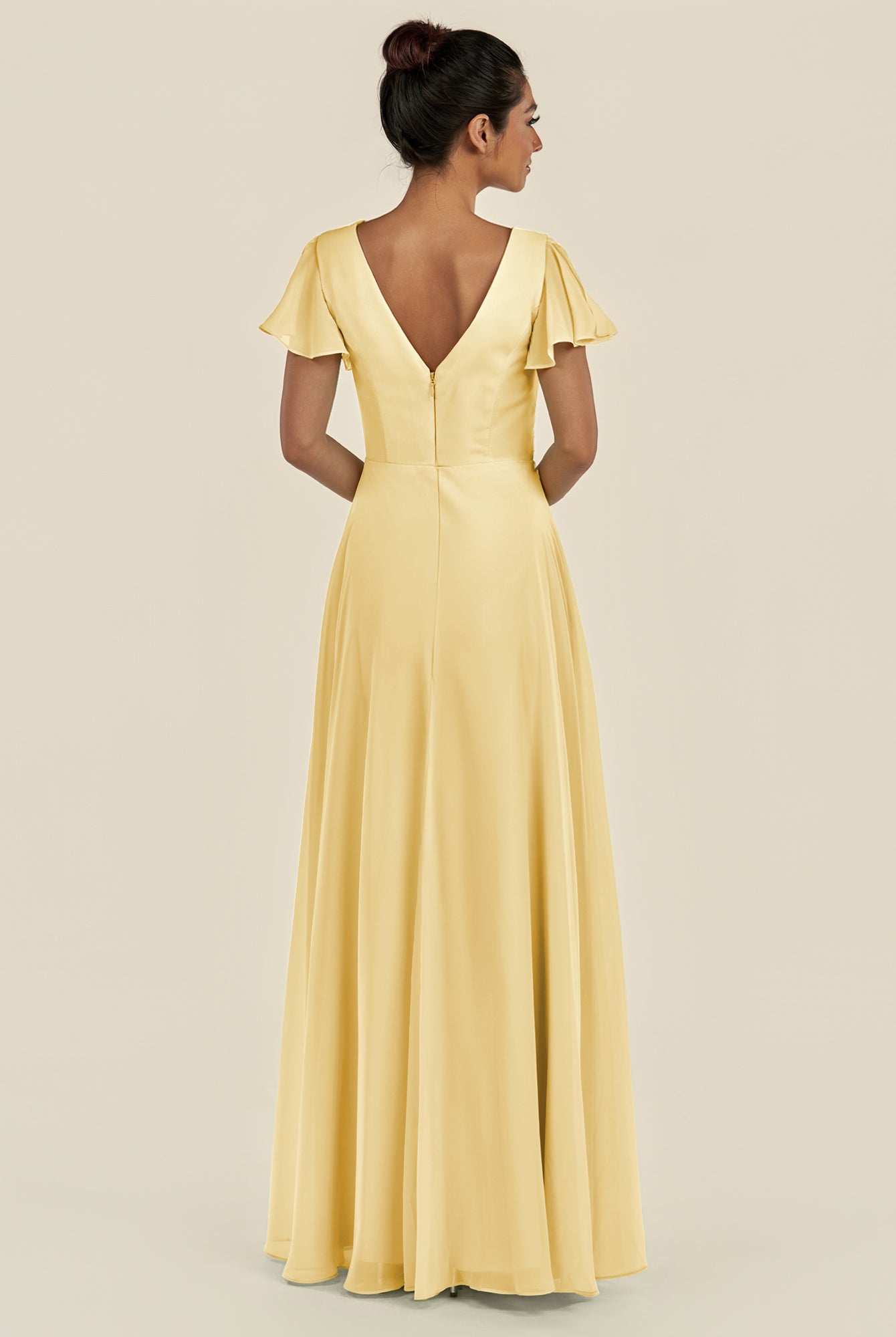 KissDress-Corin Pastel Yellow A Line Chiffon V Neck Long Bridesmaid Dress with Flutter Sleeves