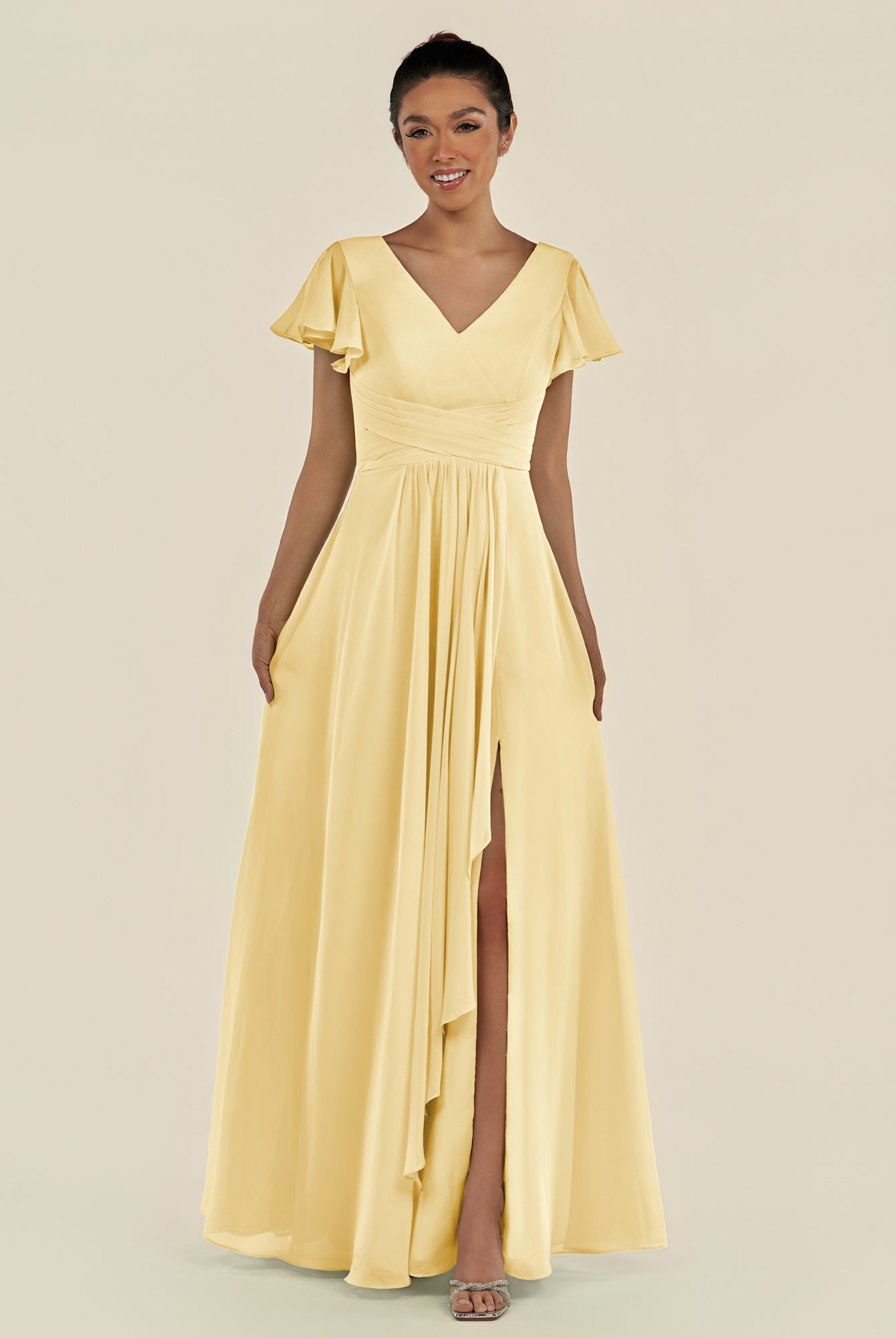 KissDress-Corin Pastel Yellow A Line Chiffon V Neck Long Bridesmaid Dress with Flutter Sleeves