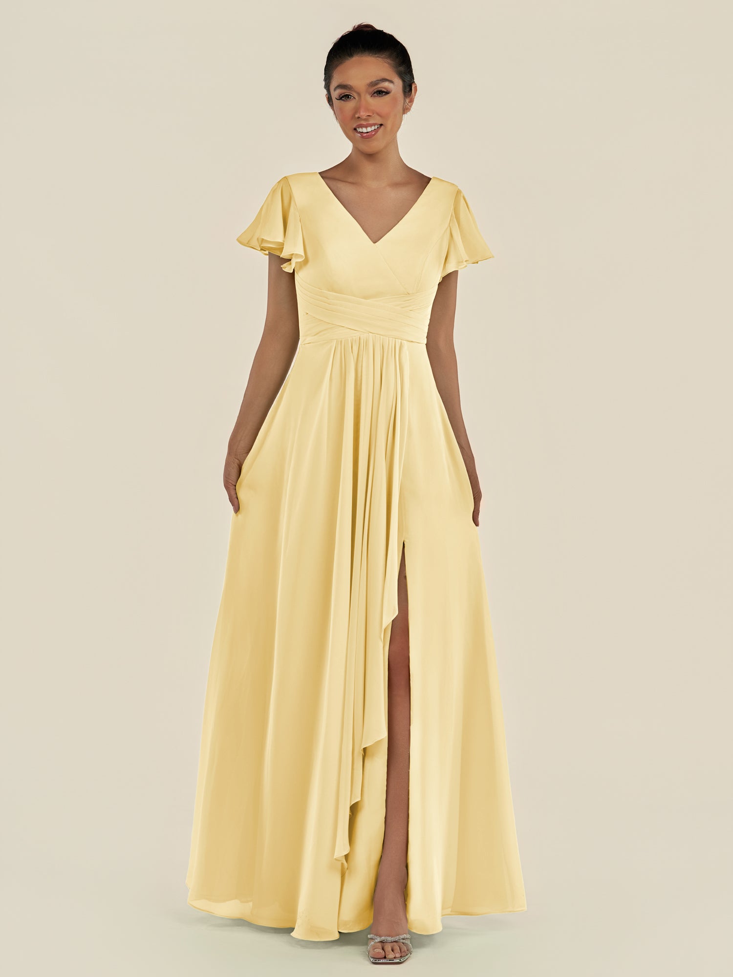 KissDress-Corin Pastel Yellow A Line Chiffon V Neck Long Bridesmaid Dress with Flutter Sleeves