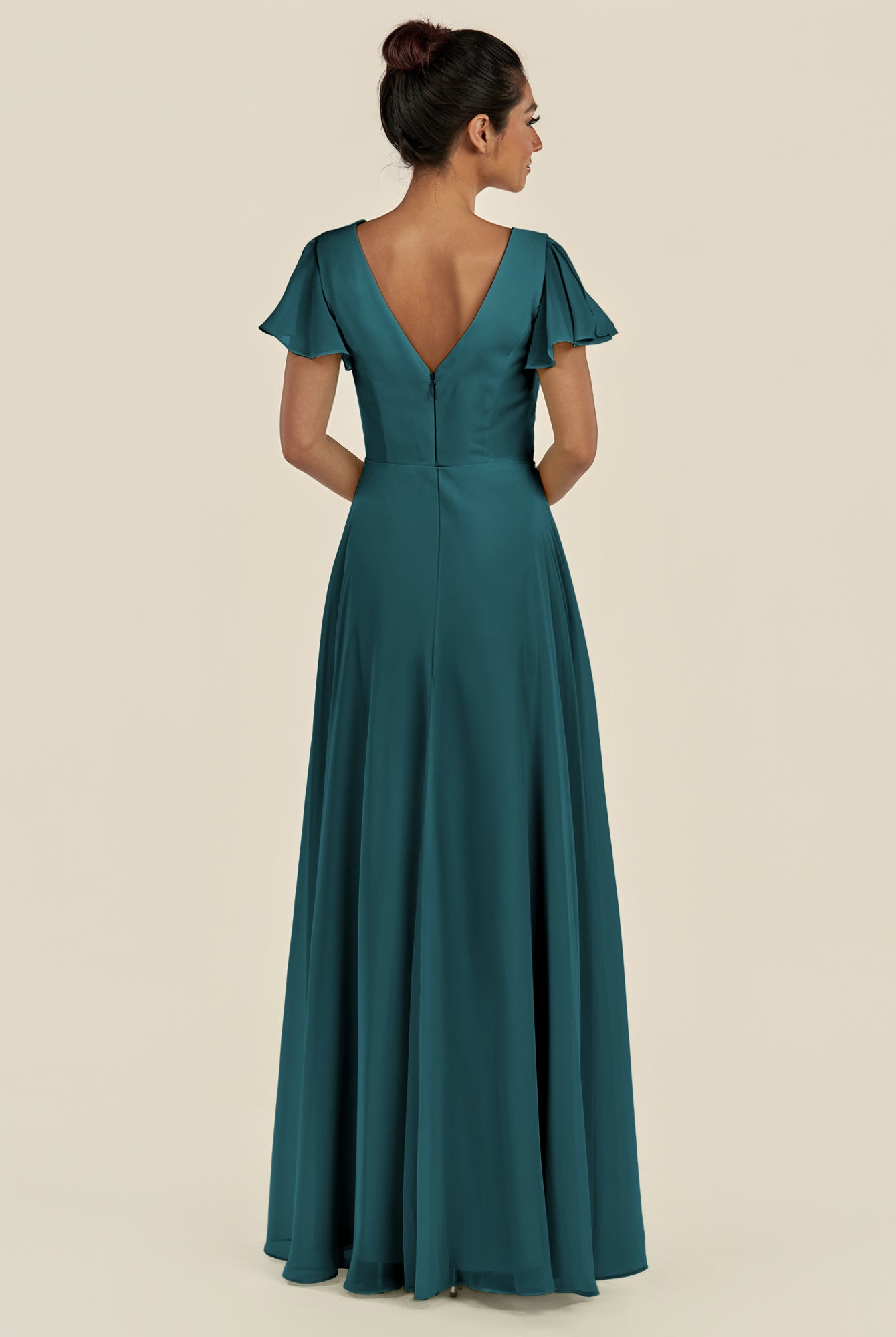 KissDress-Corin Pine A Line Chiffon V Neck Long Bridesmaid Dress with Flutter Sleeves