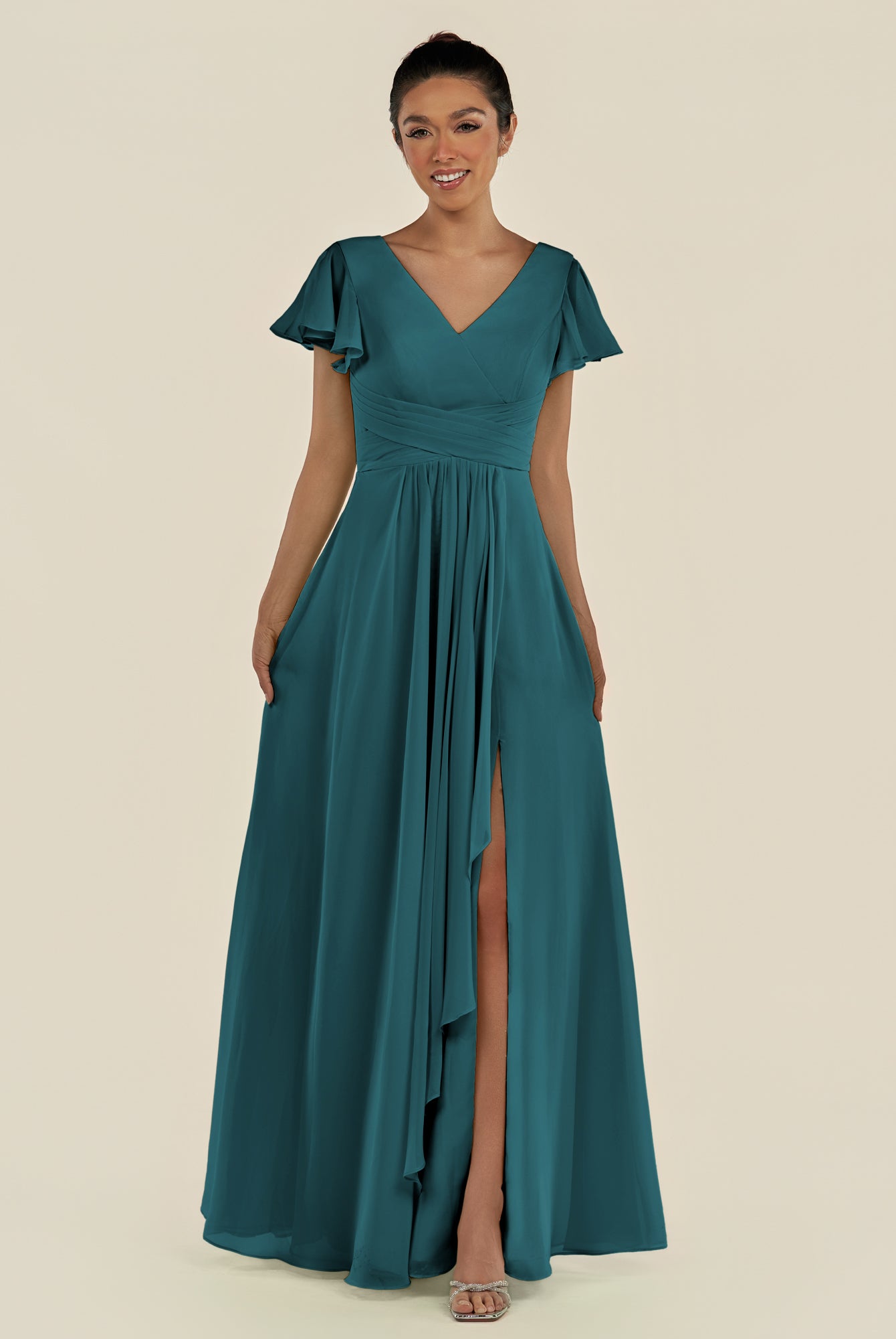 KissDress-Corin Pine A Line Chiffon V Neck Long Bridesmaid Dress with Flutter Sleeves