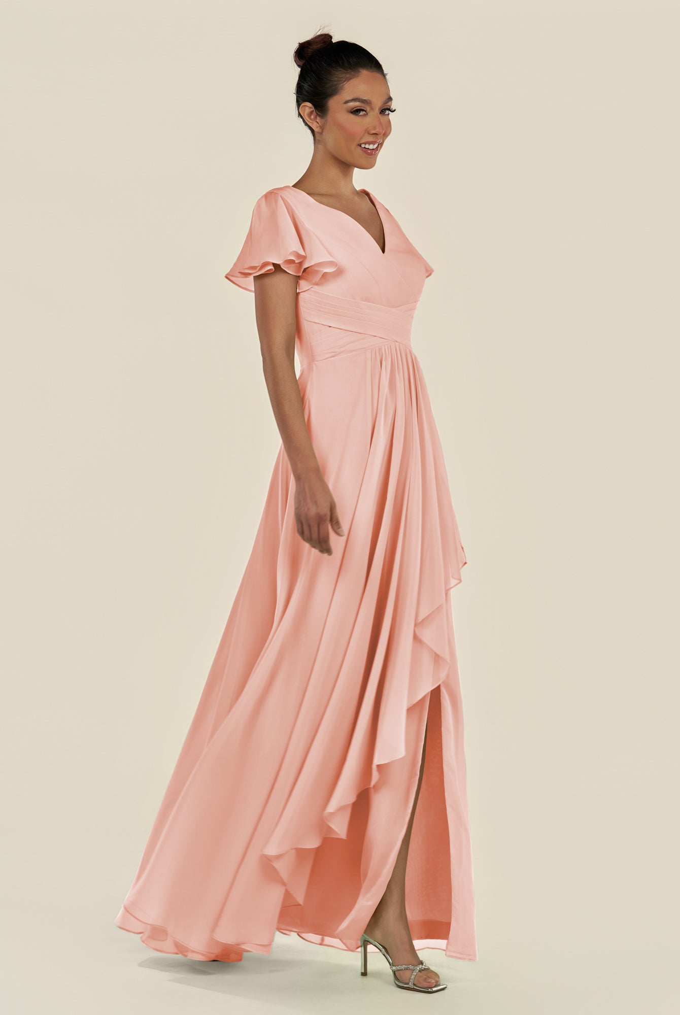 KissDress-Corin Rose Petal A Line Chiffon V Neck Long Bridesmaid Dress with Flutter Sleeves