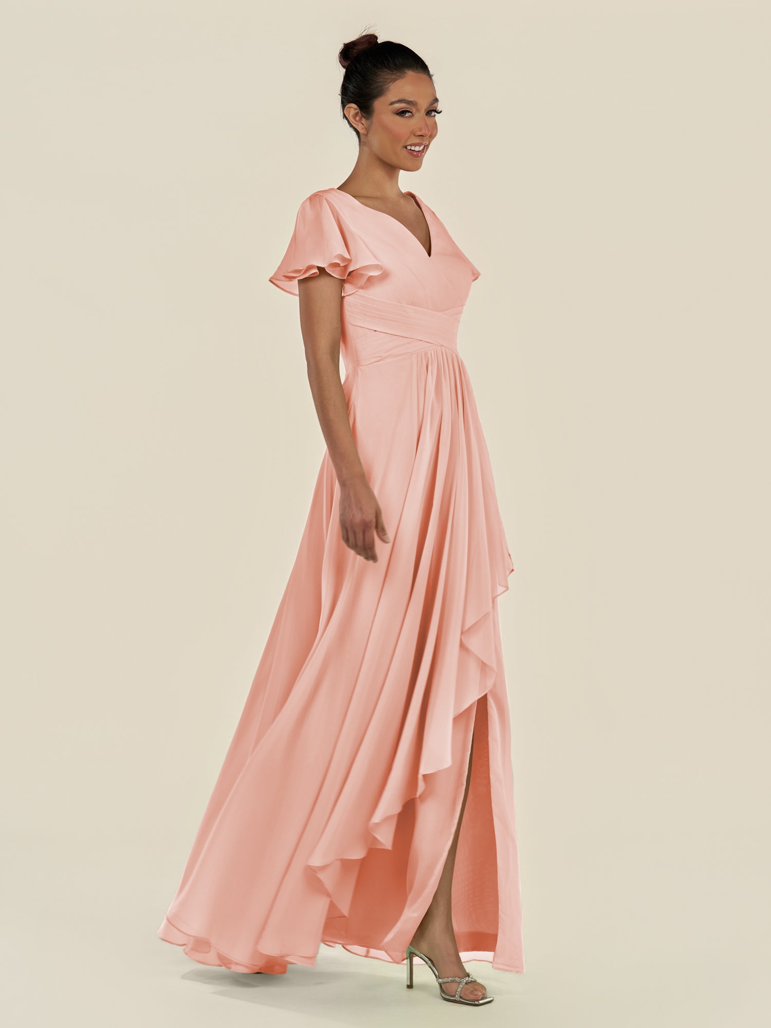KissDress-Corin Rose Petal A Line Chiffon V Neck Long Bridesmaid Dress with Flutter Sleeves