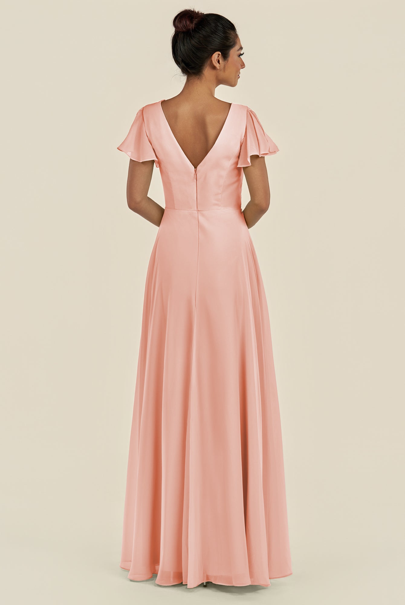 KissDress-Corin Rose Petal A Line Chiffon V Neck Long Bridesmaid Dress with Flutter Sleeves