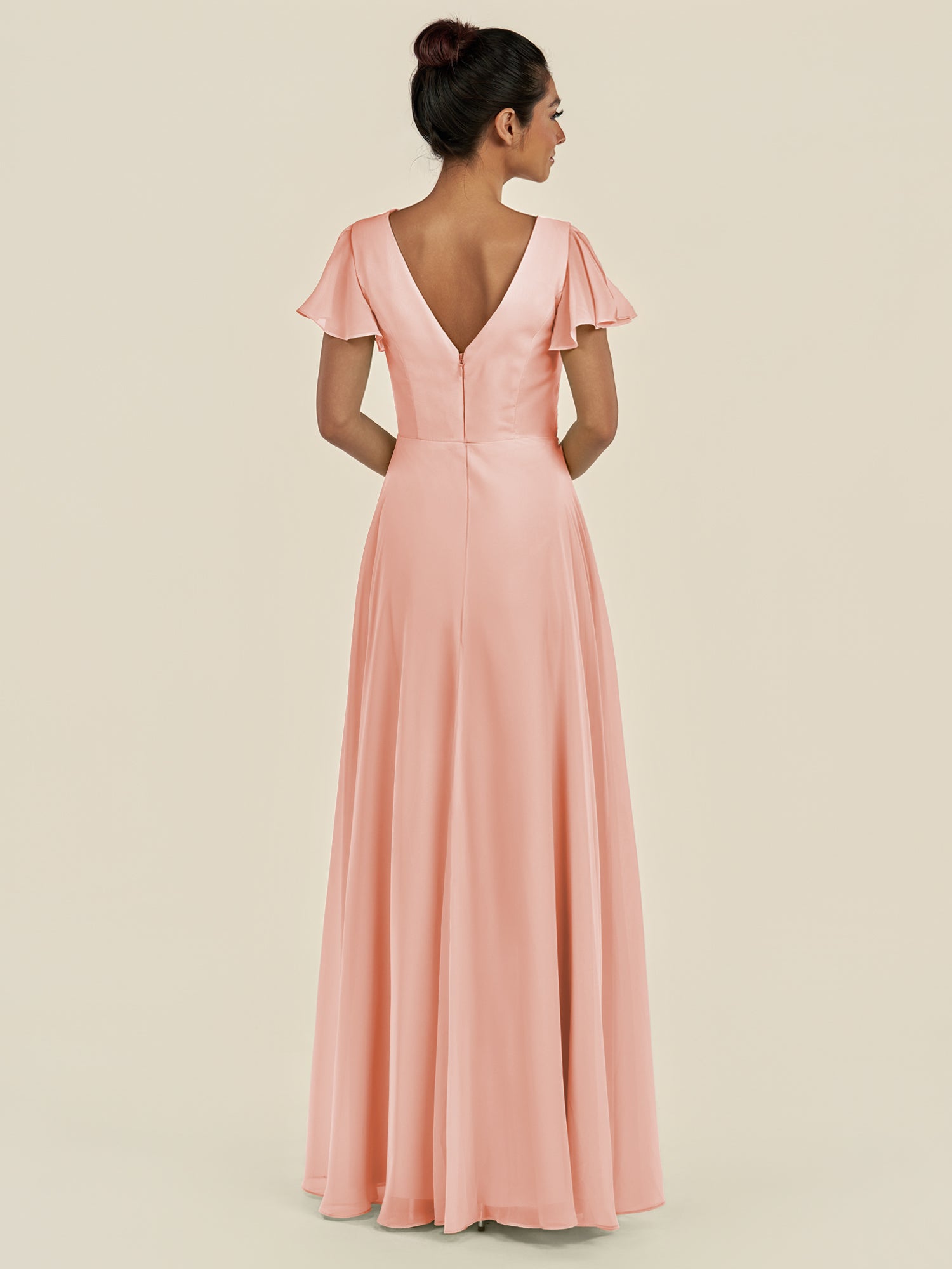 KissDress-Corin Rose Petal A Line Chiffon V Neck Long Bridesmaid Dress with Flutter Sleeves