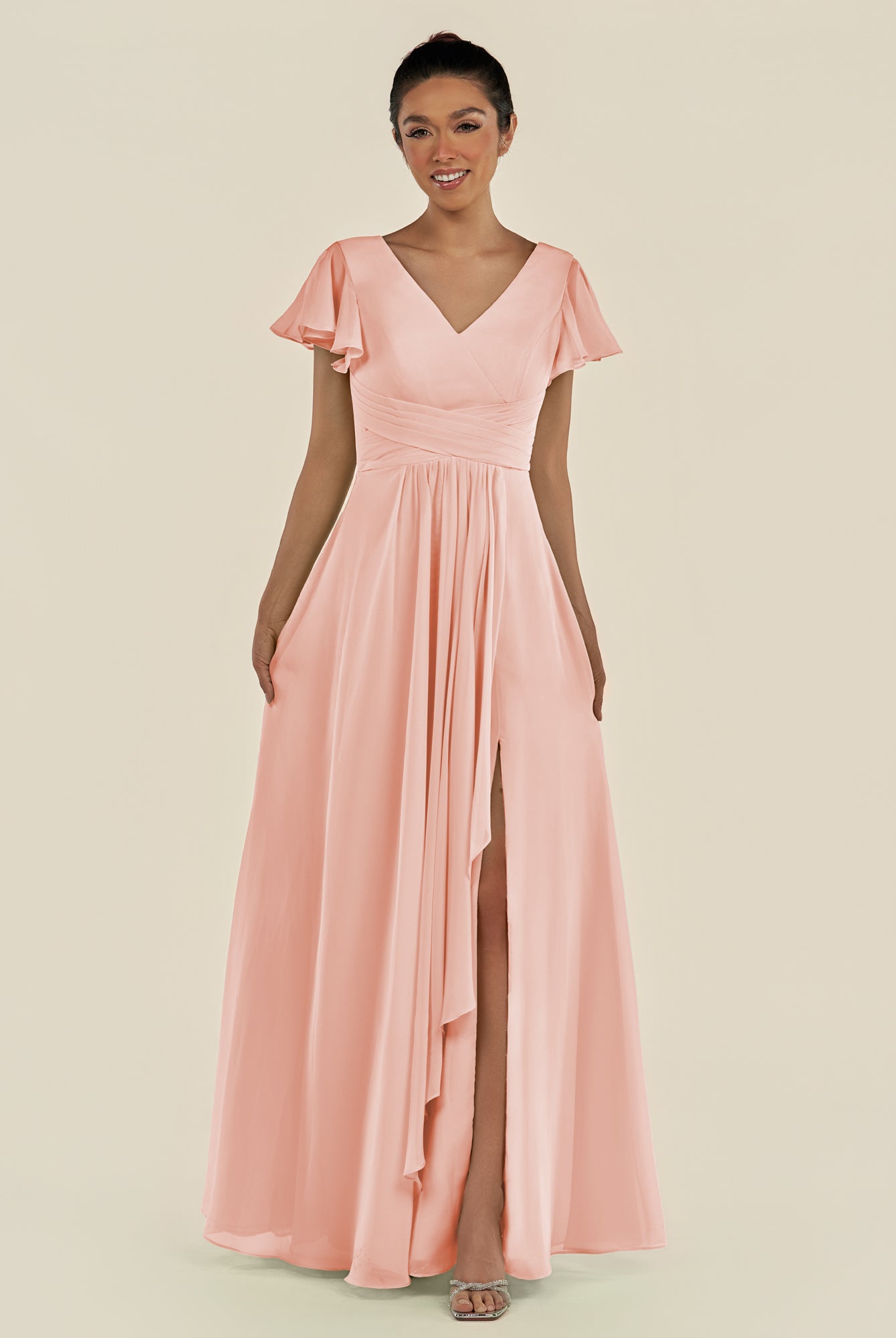 KissDress-Corin Rose Petal A Line Chiffon V Neck Long Bridesmaid Dress with Flutter Sleeves