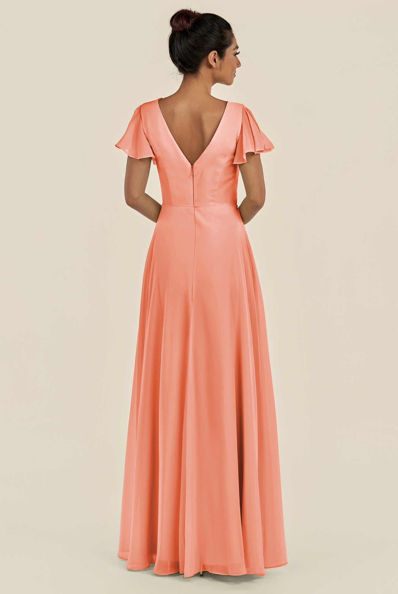 KissDress-Corin Rosette A Line Chiffon V Neck Long Bridesmaid Dress with Flutter Sleeves