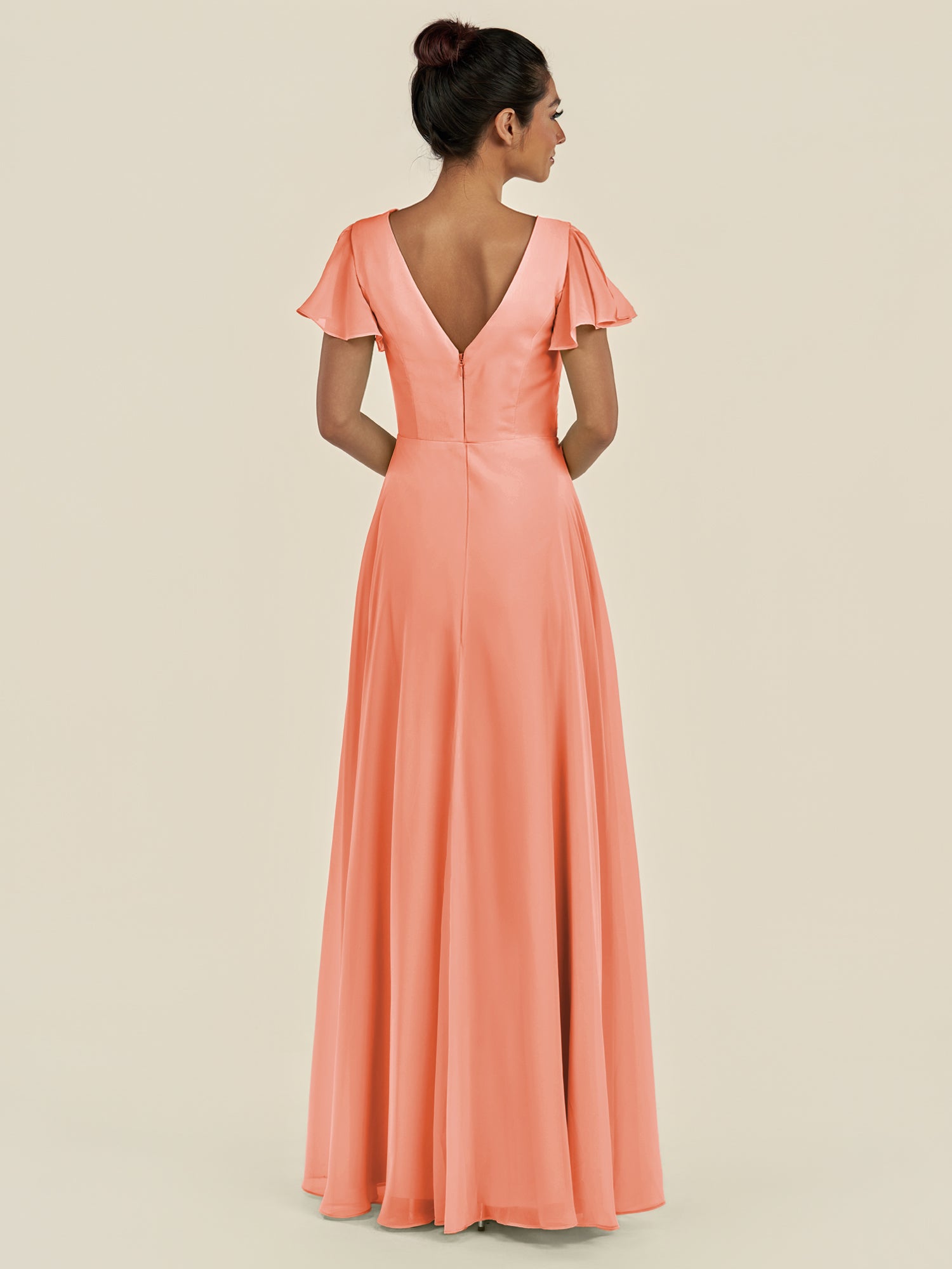 KissDress-Corin Rosette A Line Chiffon V Neck Long Bridesmaid Dress with Flutter Sleeves