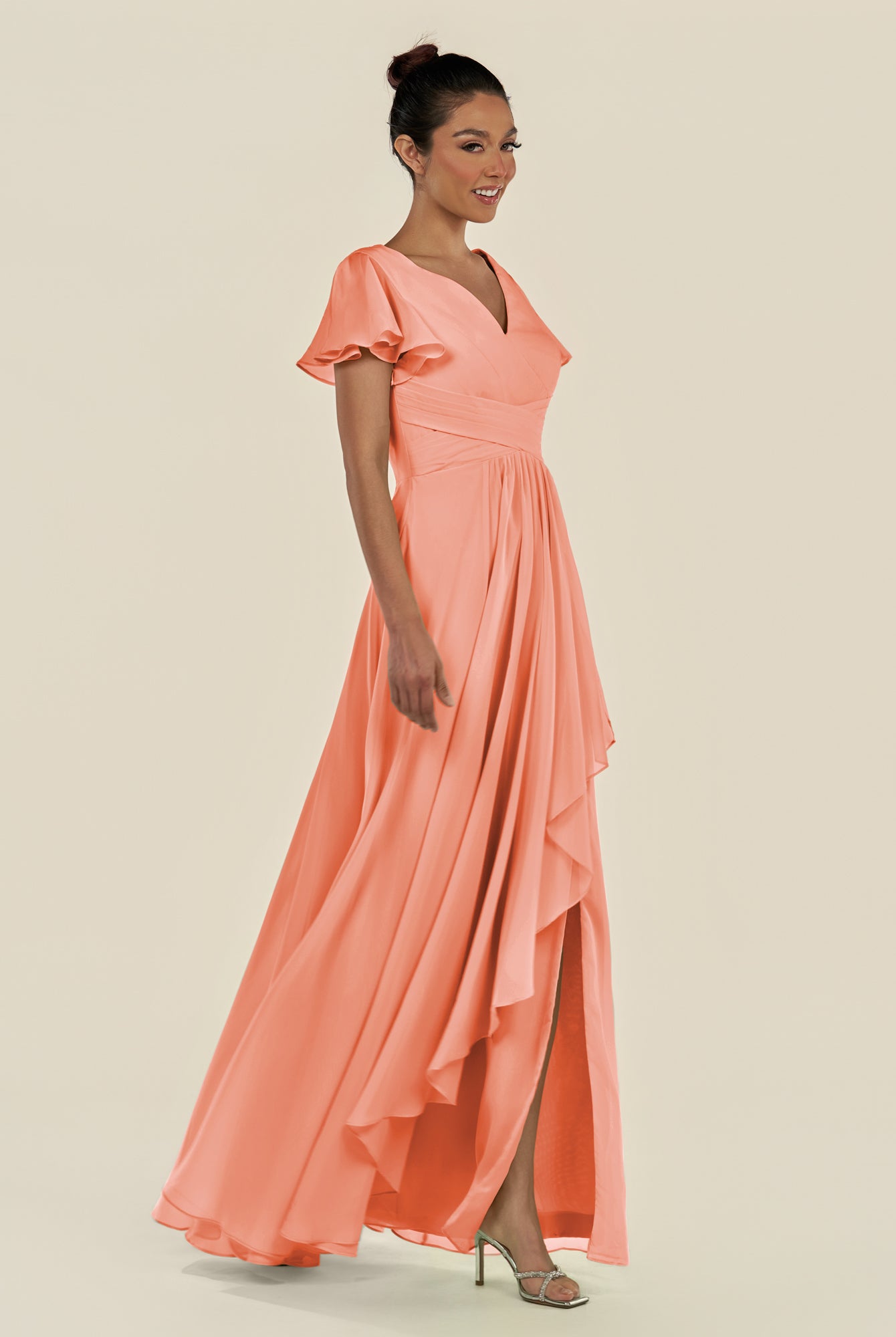 KissDress-Corin Rosette A Line Chiffon V Neck Long Bridesmaid Dress with Flutter Sleeves