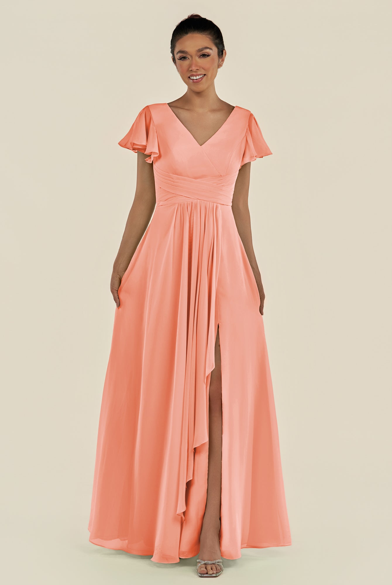 KissDress-Corin Rosette A Line Chiffon V Neck Long Bridesmaid Dress with Flutter Sleeves