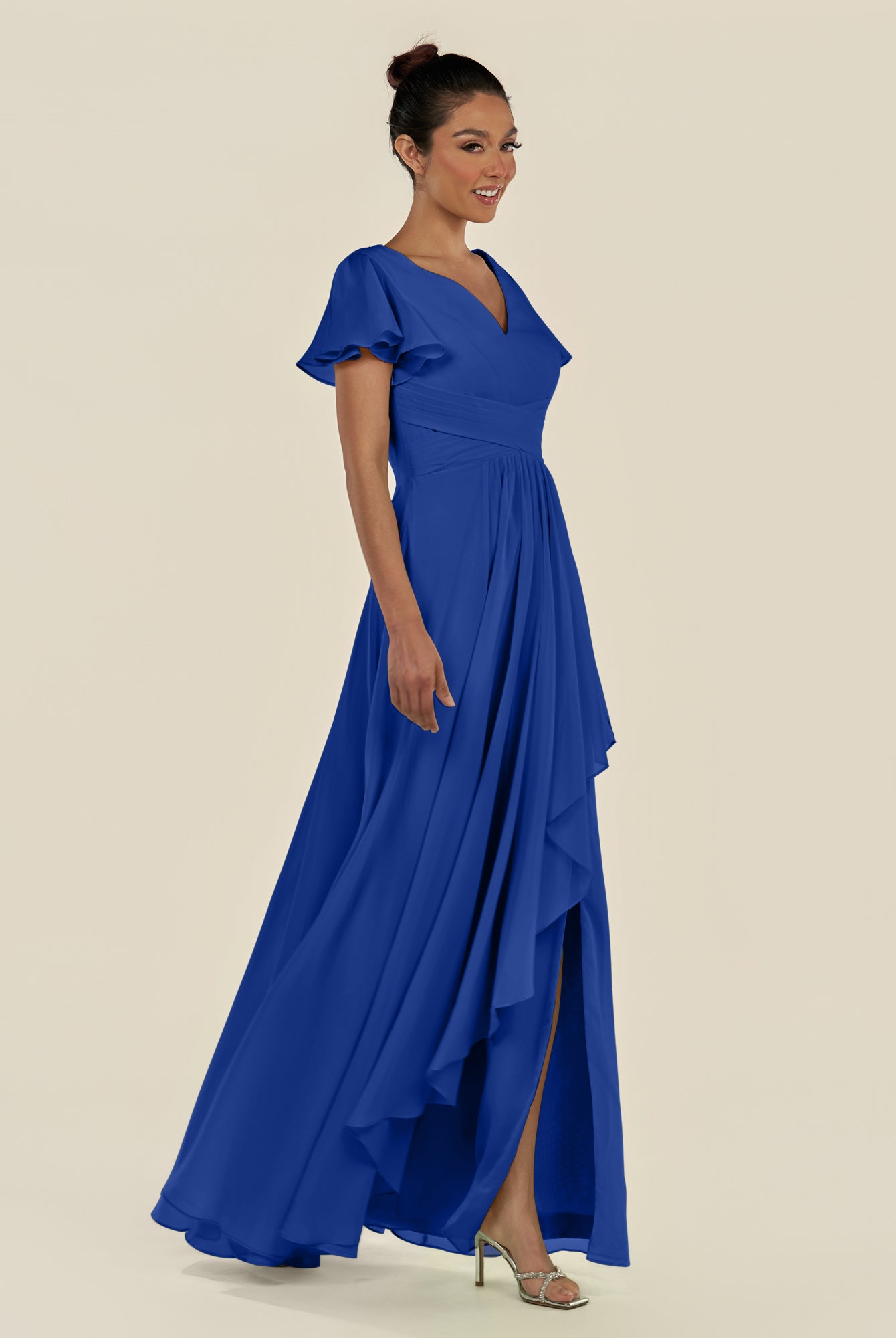 KissDress-Corin Royal Blue A Line Chiffon V Neck Long Bridesmaid Dress with Flutter Sleeves