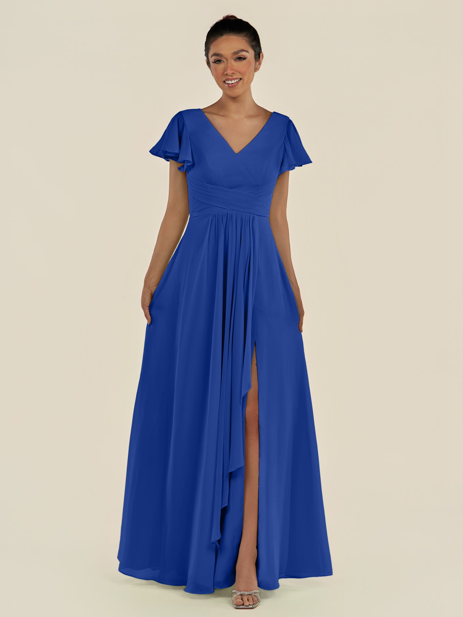 KissDress-Corin Royal Blue A Line Chiffon V Neck Long Bridesmaid Dress with Flutter Sleeves