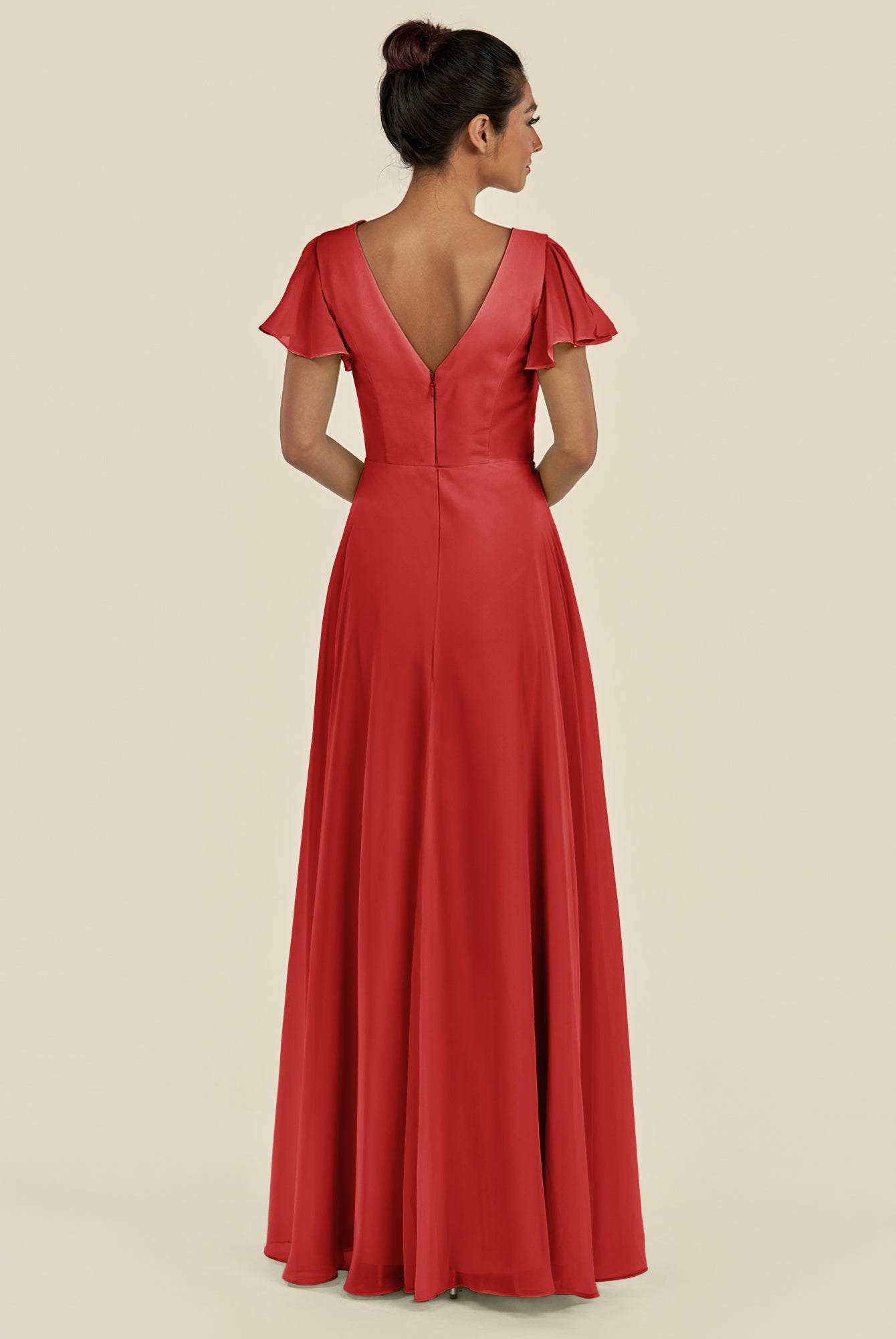 KissDress-Corin Ruby Red A Line Chiffon V Neck Long Bridesmaid Dress with Flutter Sleeves