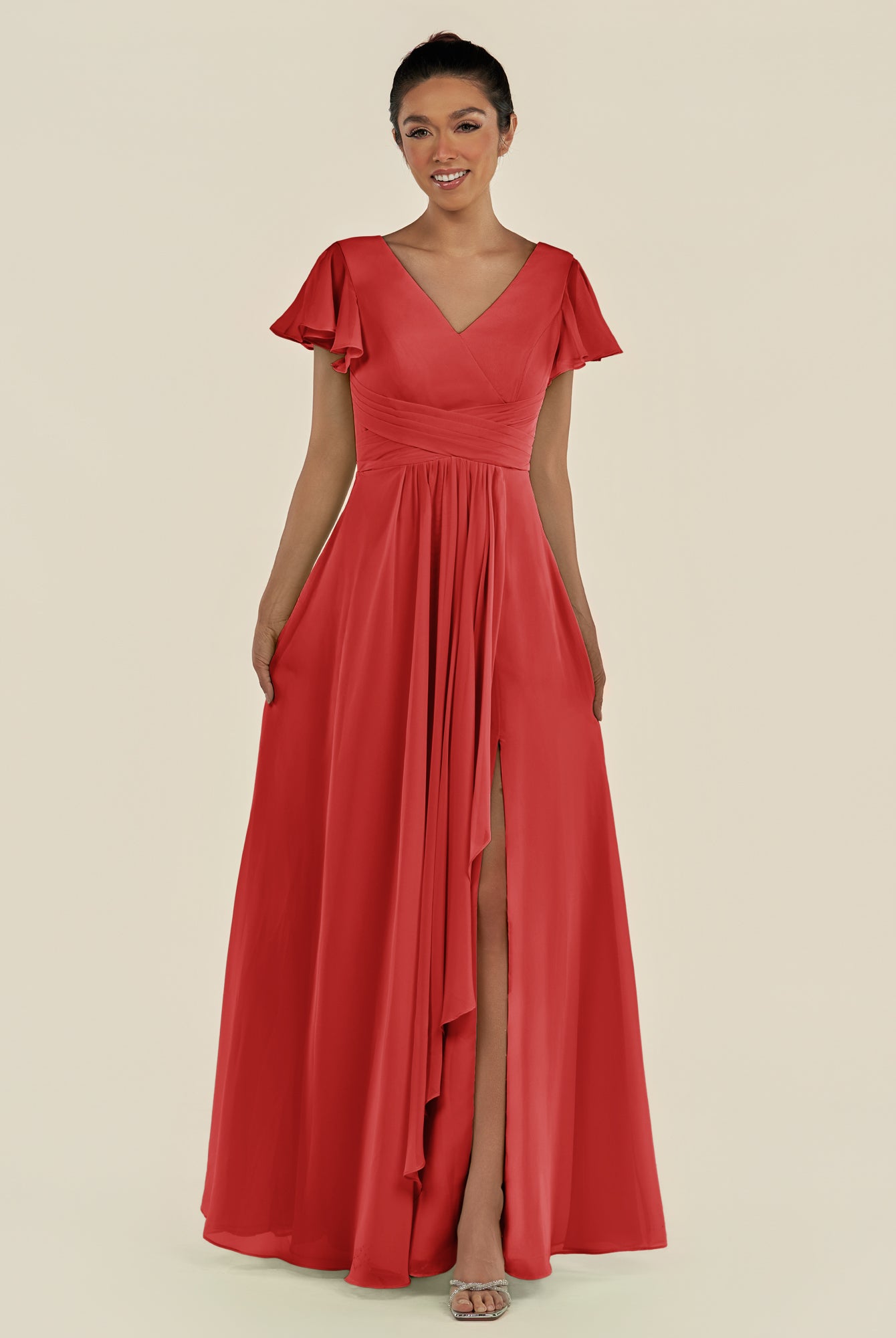 KissDress-Corin Ruby Red A Line Chiffon V Neck Long Bridesmaid Dress with Flutter Sleeves