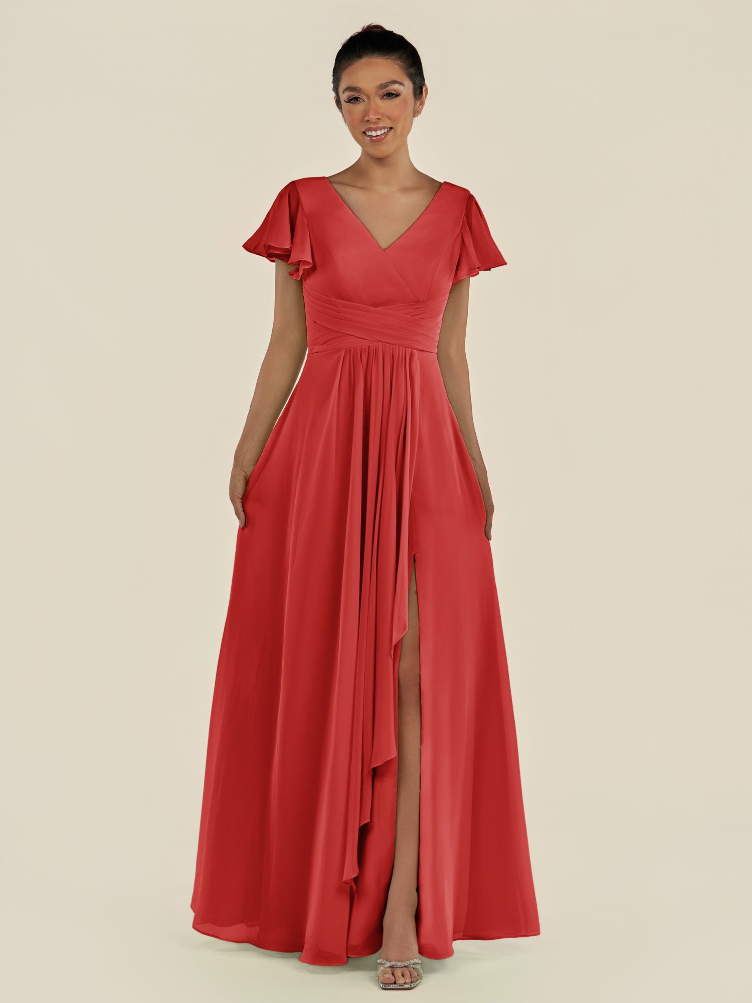 KissDress-Corin Ruby Red A Line Chiffon V Neck Long Bridesmaid Dress with Flutter Sleeves