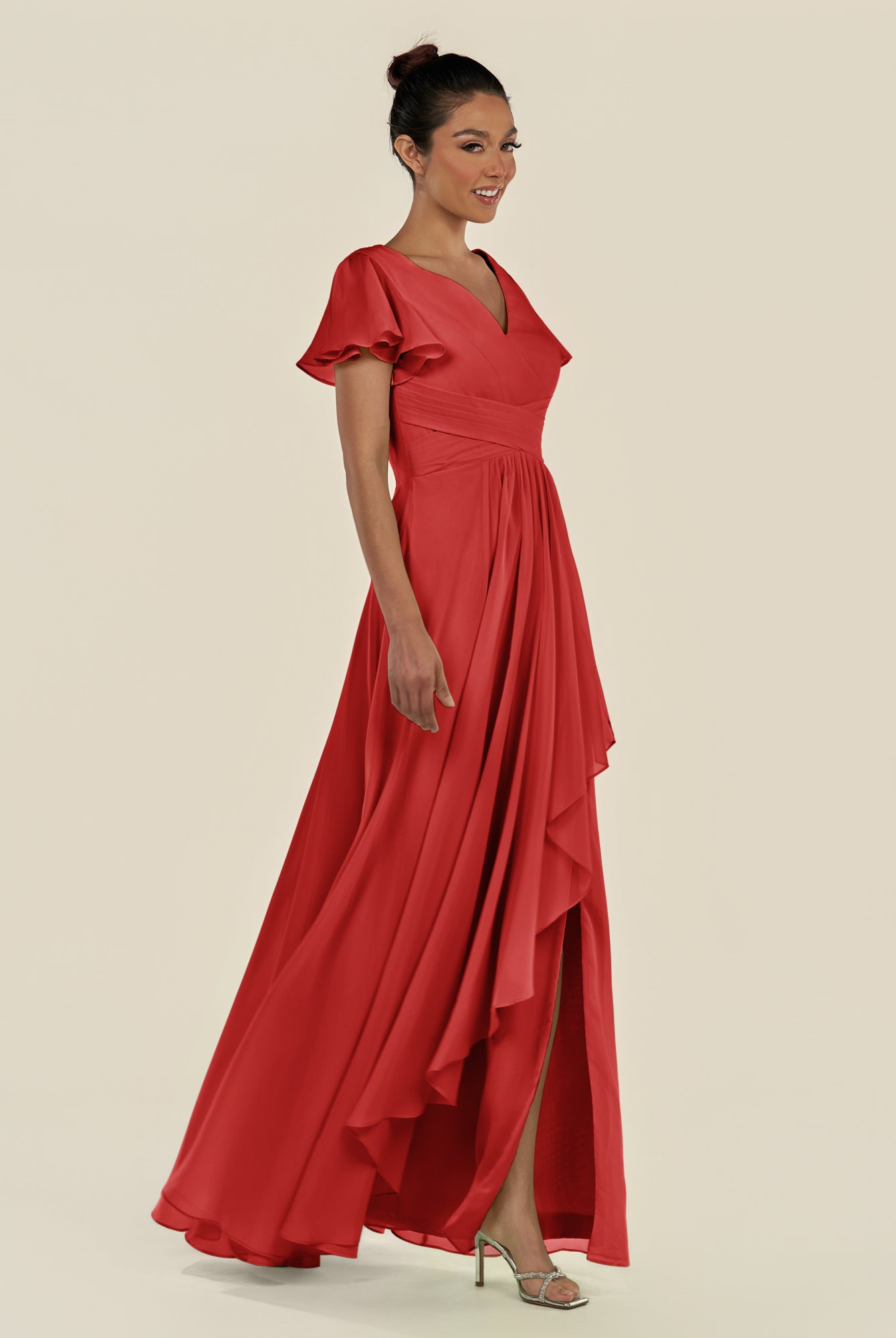 KissDress-Corin Ruby Red A Line Chiffon V Neck Long Bridesmaid Dress with Flutter Sleeves