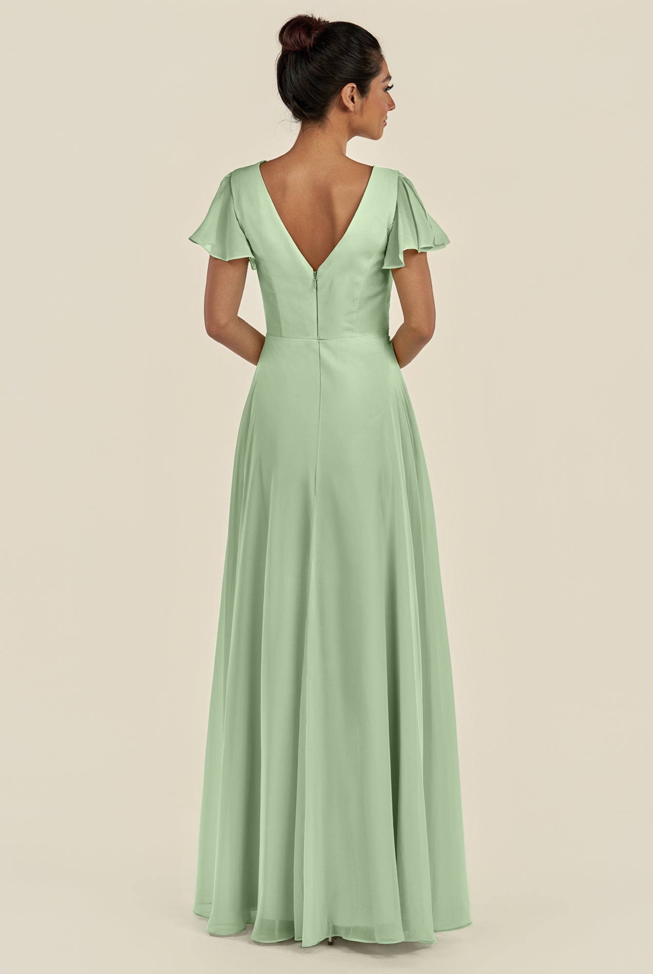 KissDress-Corin Sage A Line Chiffon V Neck Long Bridesmaid Dress with Flutter Sleeves