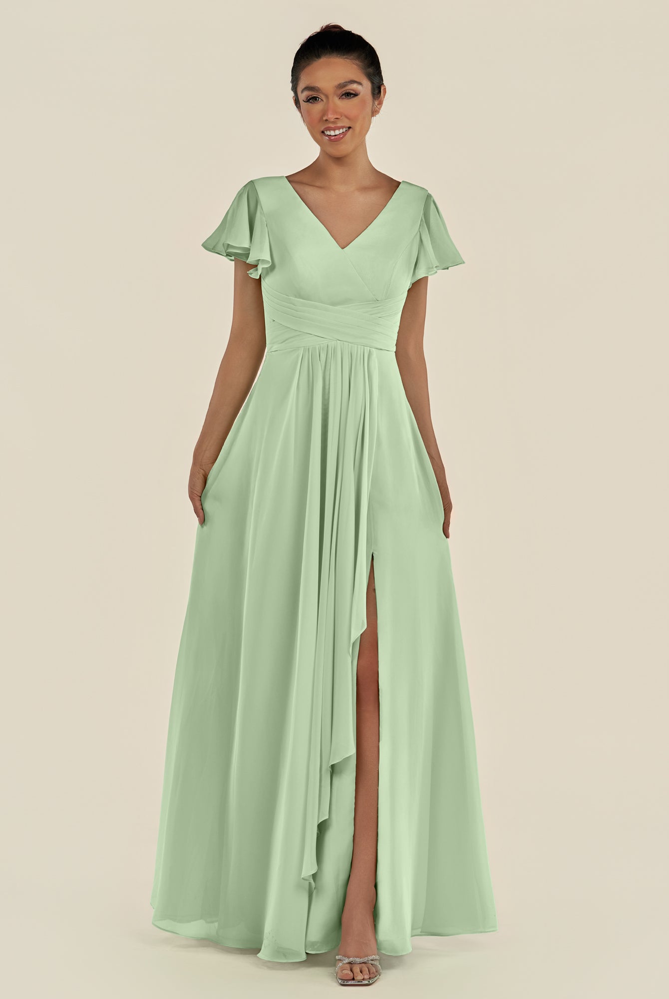 KissDress-Corin Sage A Line Chiffon V Neck Long Bridesmaid Dress with Flutter Sleeves