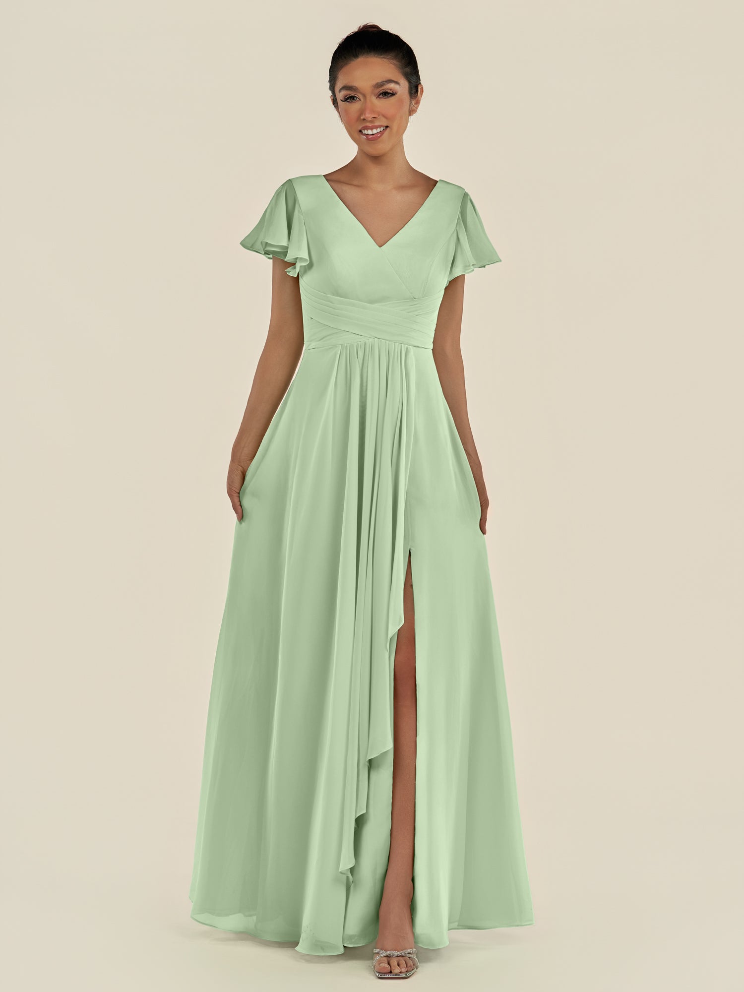 KissDress-Corin Sage A Line Chiffon V Neck Long Bridesmaid Dress with Flutter Sleeves