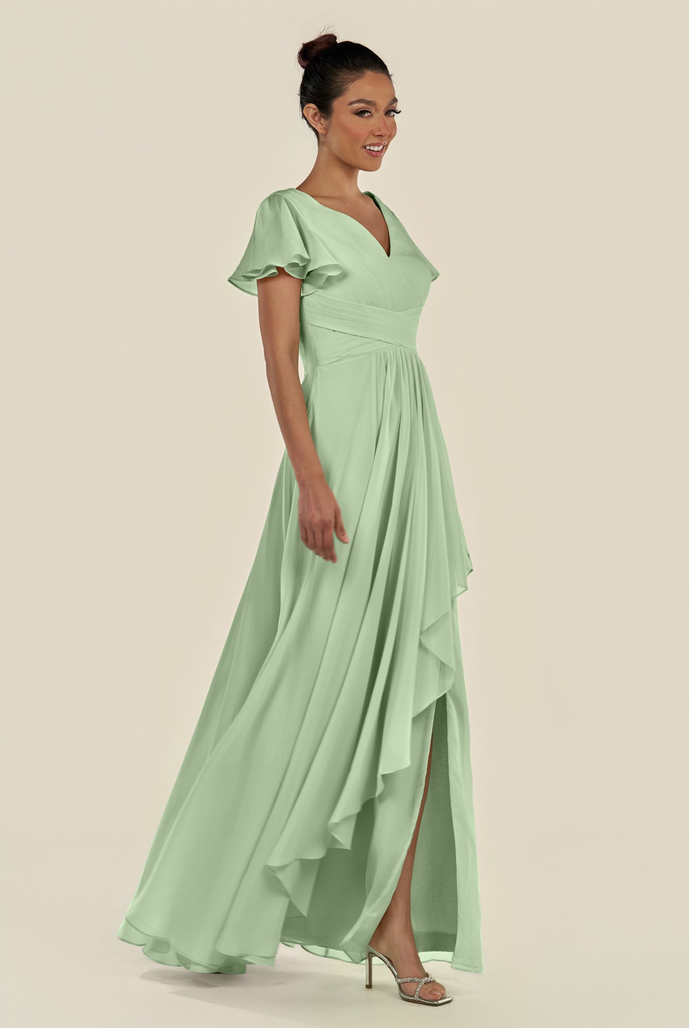 KissDress-Corin Sage A Line Chiffon V Neck Long Bridesmaid Dress with Flutter Sleeves