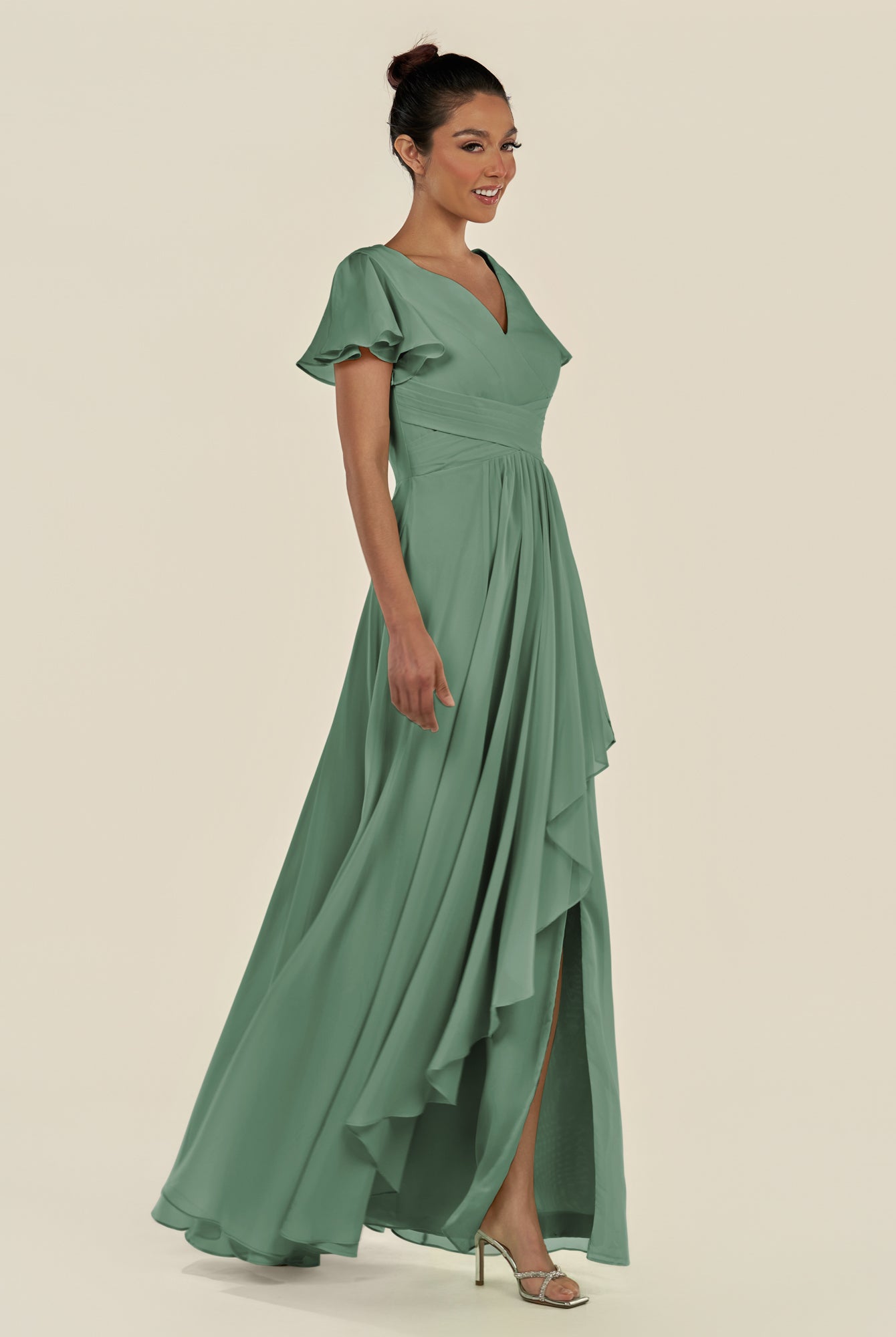KissDress-Corin Sea Glass A Line Chiffon V Neck Long Bridesmaid Dress with Flutter Sleeves