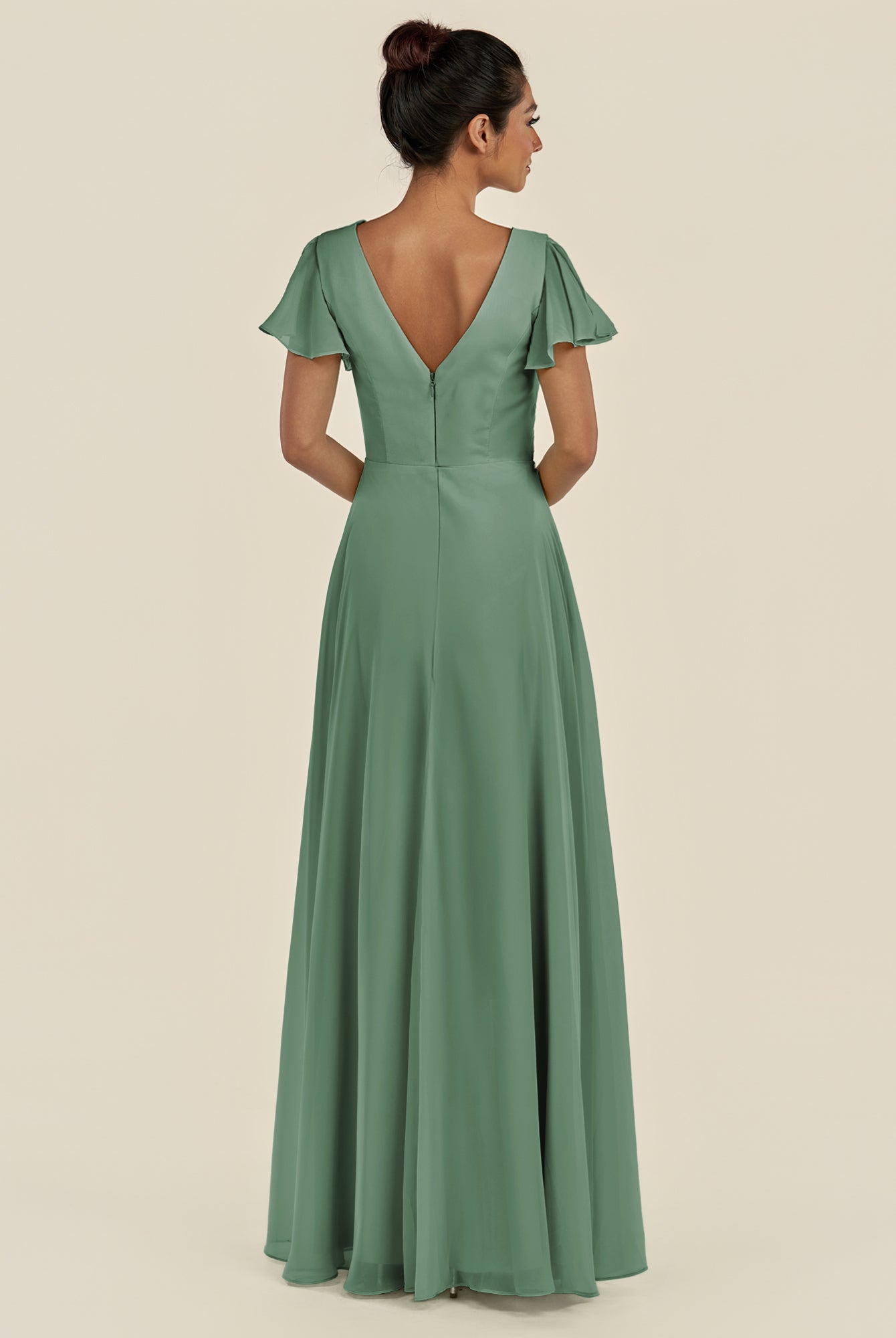 KissDress-Corin Sea Glass A Line Chiffon V Neck Long Bridesmaid Dress with Flutter Sleeves