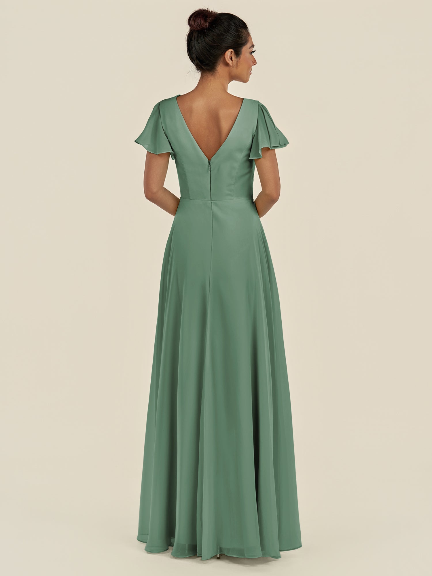 KissDress-Corin Sea Glass A Line Chiffon V Neck Long Bridesmaid Dress with Flutter Sleeves