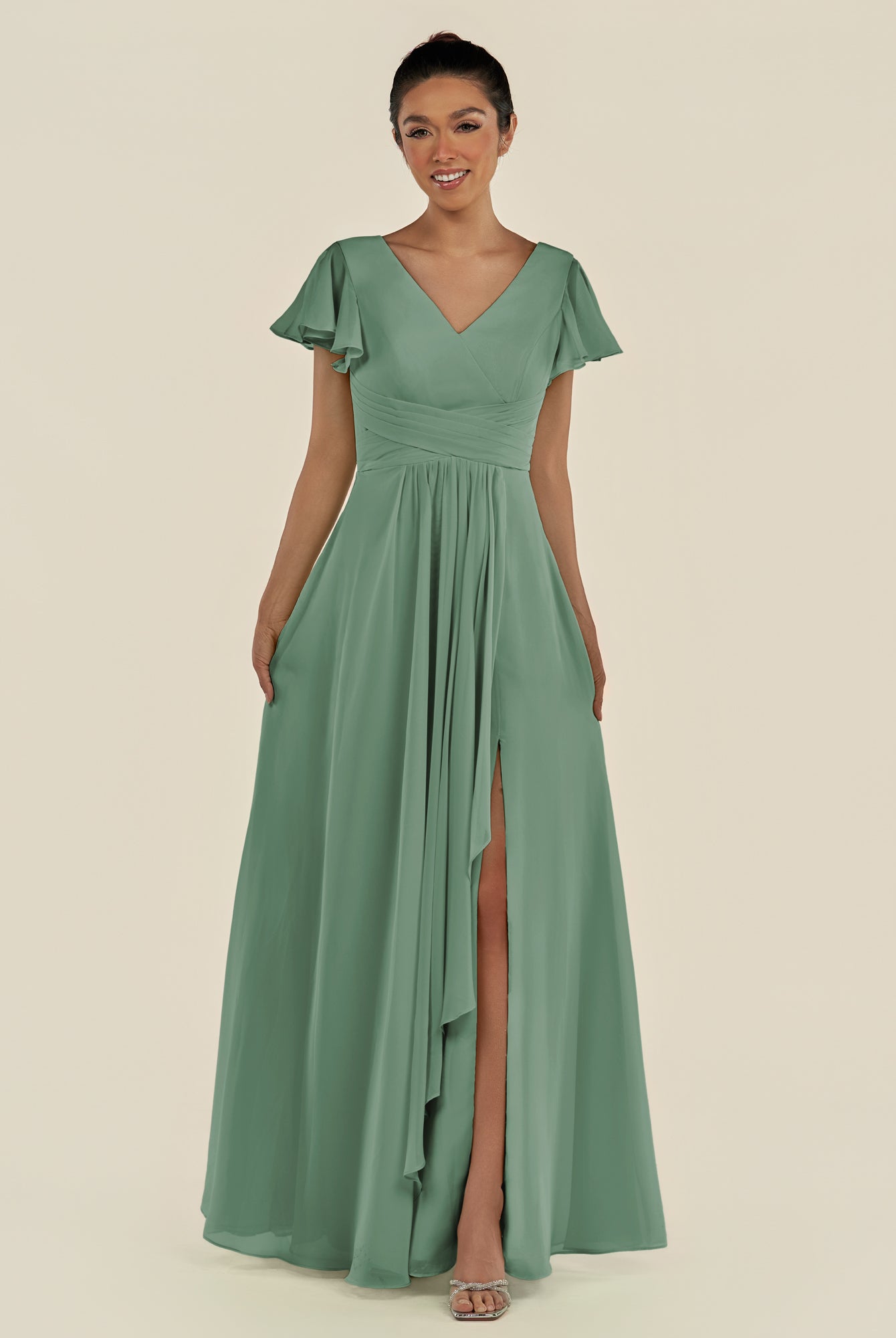 KissDress-Corin Sea Glass A Line Chiffon V Neck Long Bridesmaid Dress with Flutter Sleeves