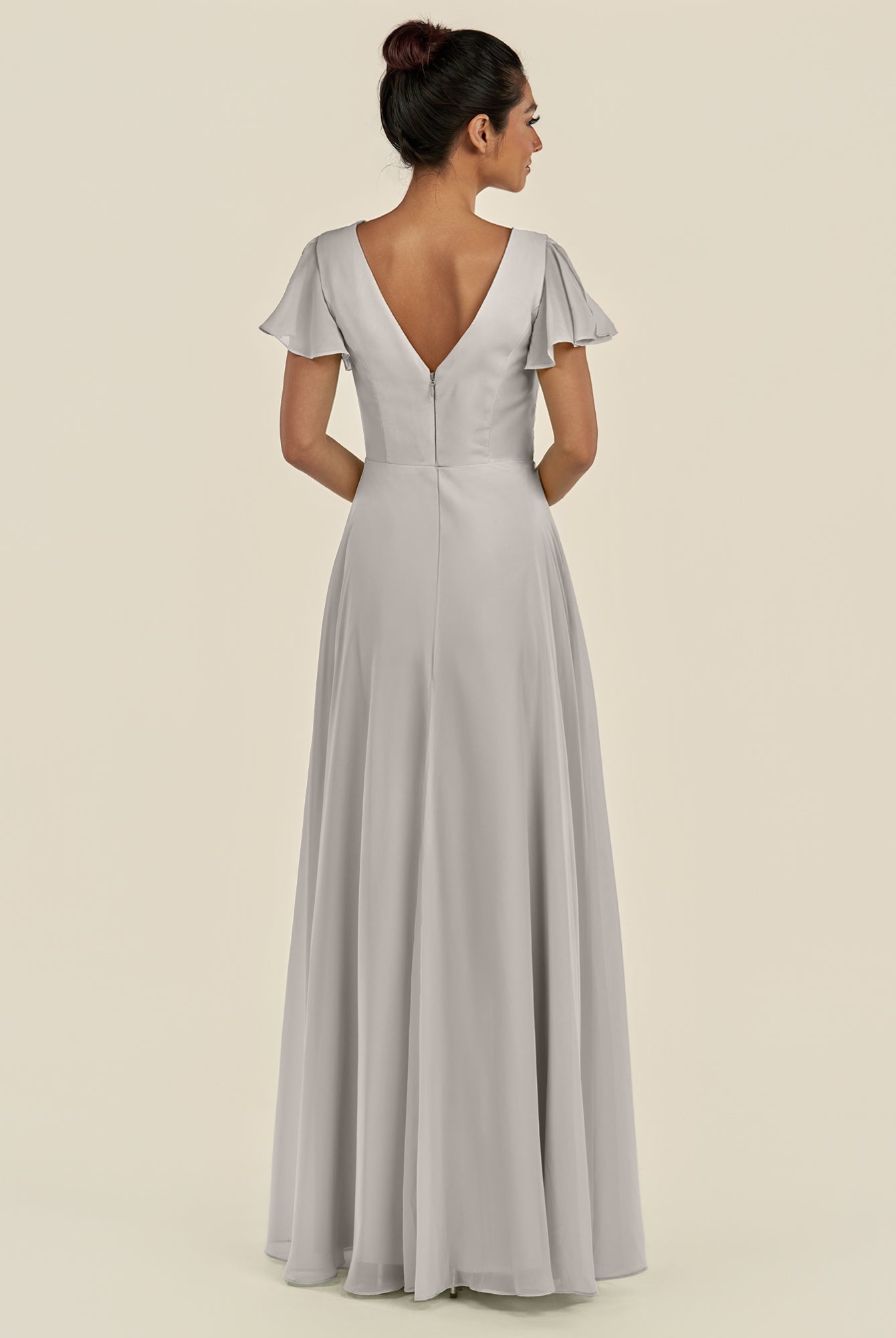 KissDress-Corin Silver A Line Chiffon V Neck Long Bridesmaid Dress with Flutter Sleeves