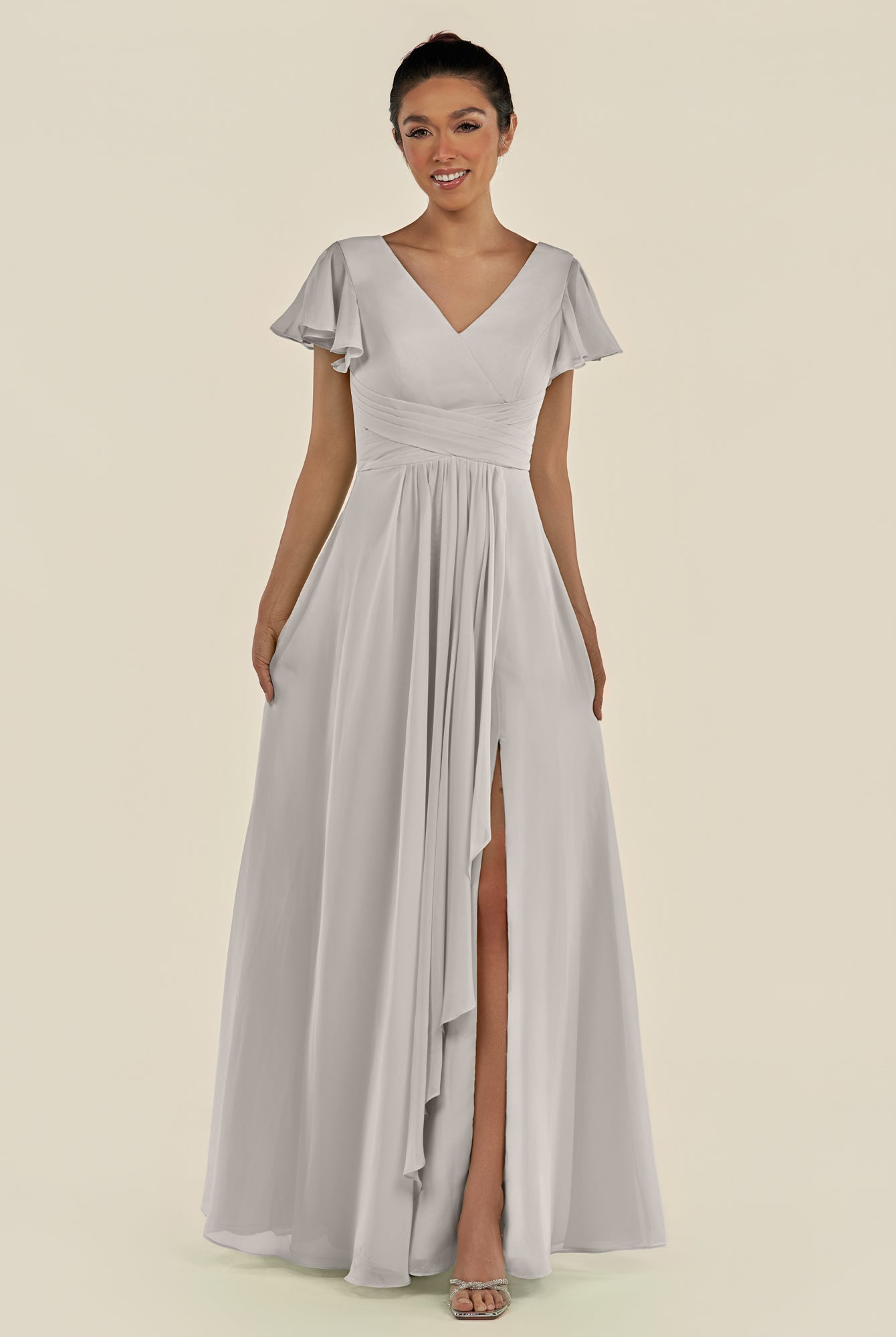 KissDress-Corin Silver A Line Chiffon V Neck Long Bridesmaid Dress with Flutter Sleeves