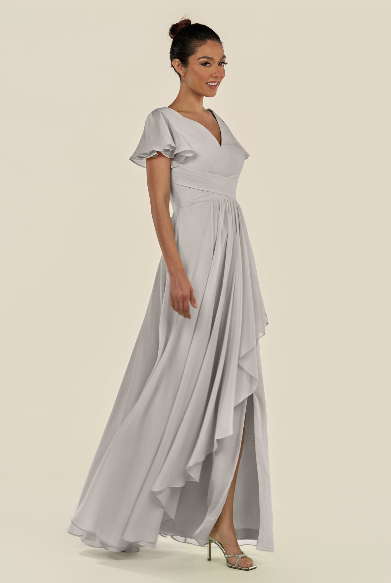 KissDress-Corin Silver A Line Chiffon V Neck Long Bridesmaid Dress with Flutter Sleeves