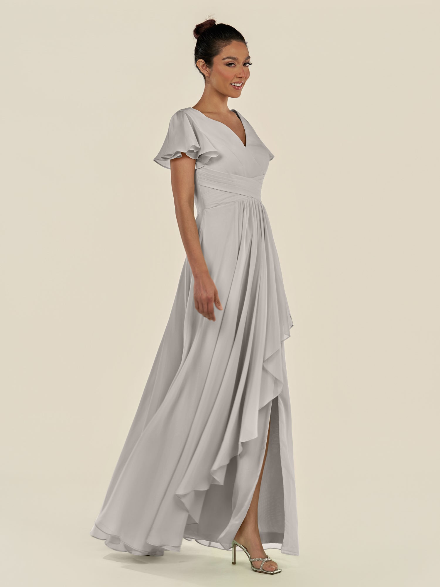 KissDress-Corin Silver A Line Chiffon V Neck Long Bridesmaid Dress with Flutter Sleeves