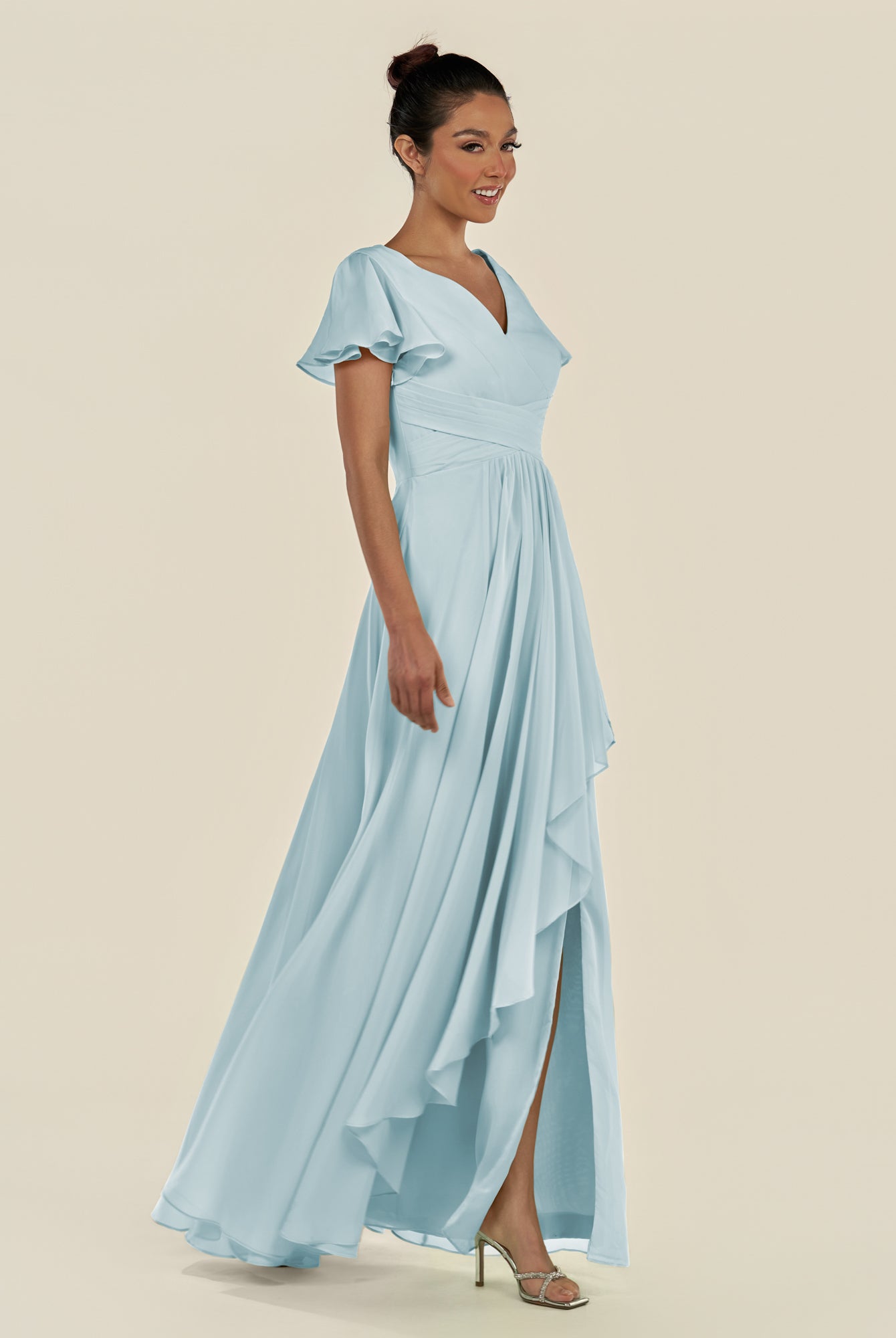 KissDress-Corin Sky Blue A Line Chiffon V Neck Long Bridesmaid Dress with Flutter Sleeves