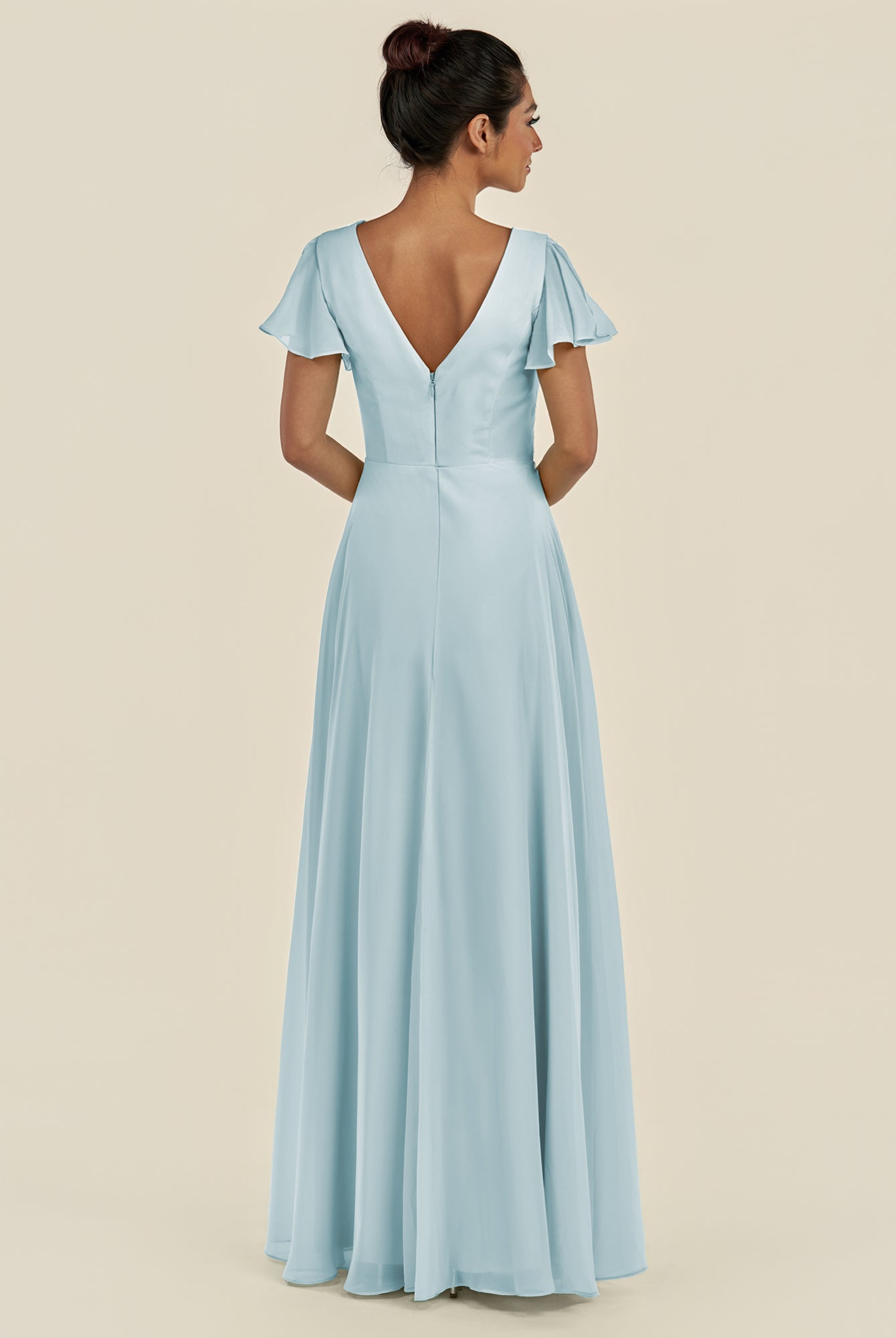 KissDress-Corin Sky Blue A Line Chiffon V Neck Long Bridesmaid Dress with Flutter Sleeves