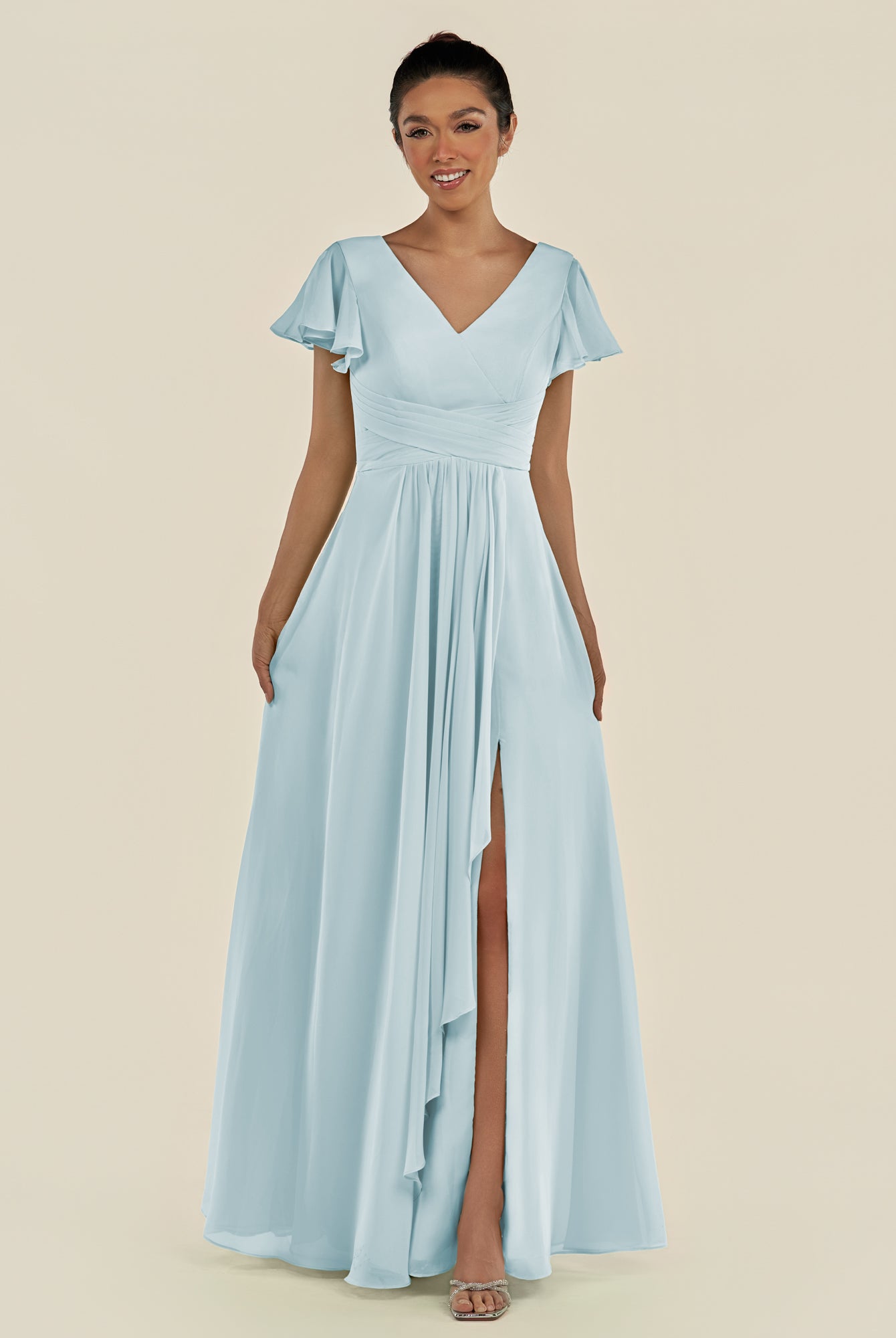 KissDress-Corin Sky Blue A Line Chiffon V Neck Long Bridesmaid Dress with Flutter Sleeves