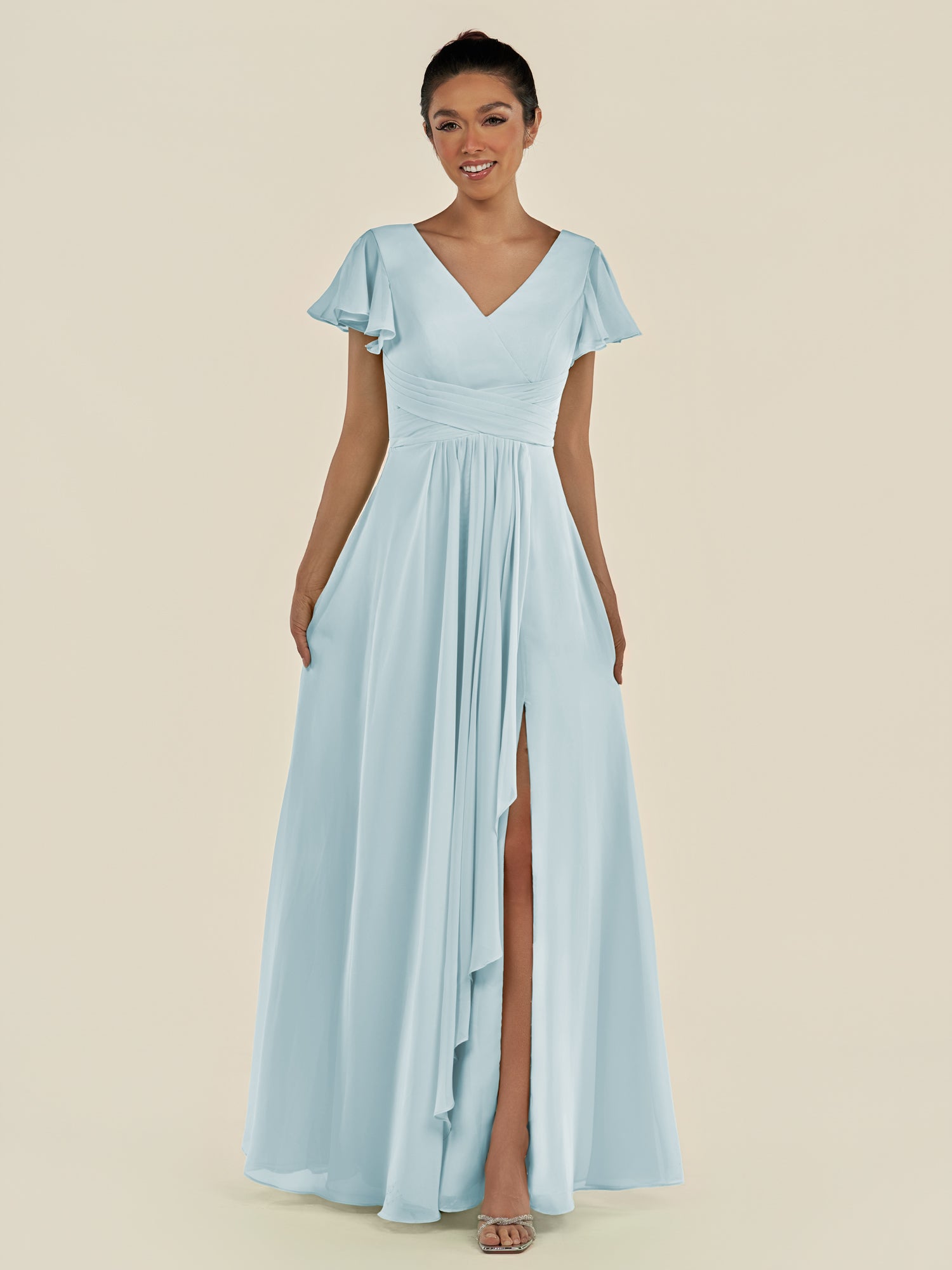 KissDress-Corin Sky Blue A Line Chiffon V Neck Long Bridesmaid Dress with Flutter Sleeves