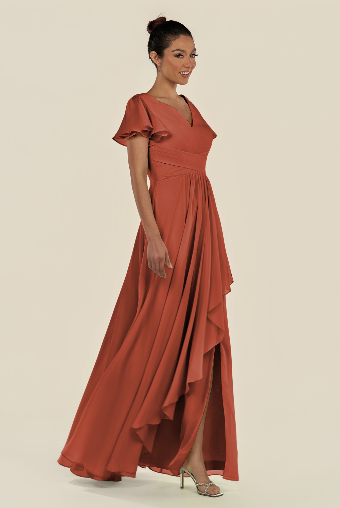 KissDress-Corin Spice A Line Chiffon V Neck Long Bridesmaid Dress with Flutter Sleeves