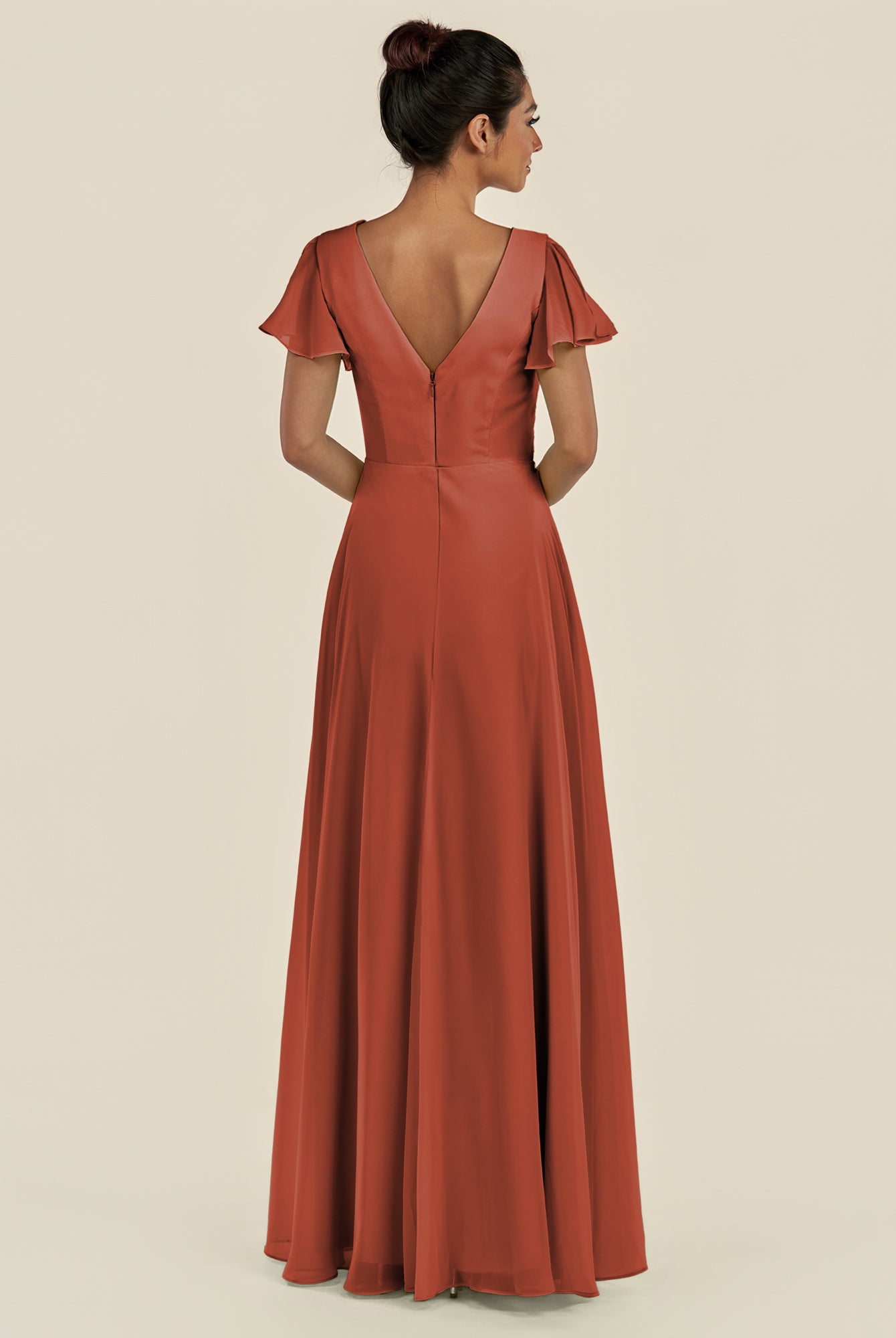 KissDress-Corin Spice A Line Chiffon V Neck Long Bridesmaid Dress with Flutter Sleeves