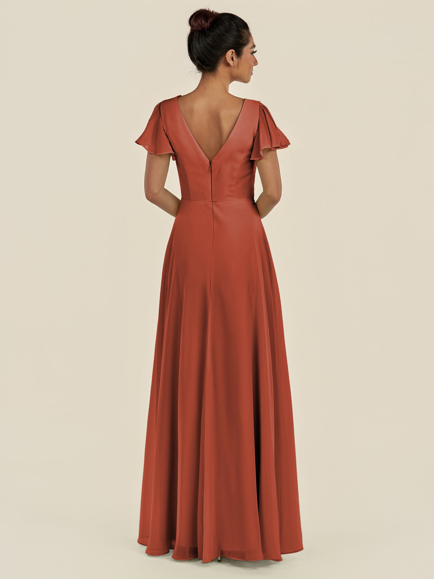 KissDress-Corin Spice A Line Chiffon V Neck Long Bridesmaid Dress with Flutter Sleeves
