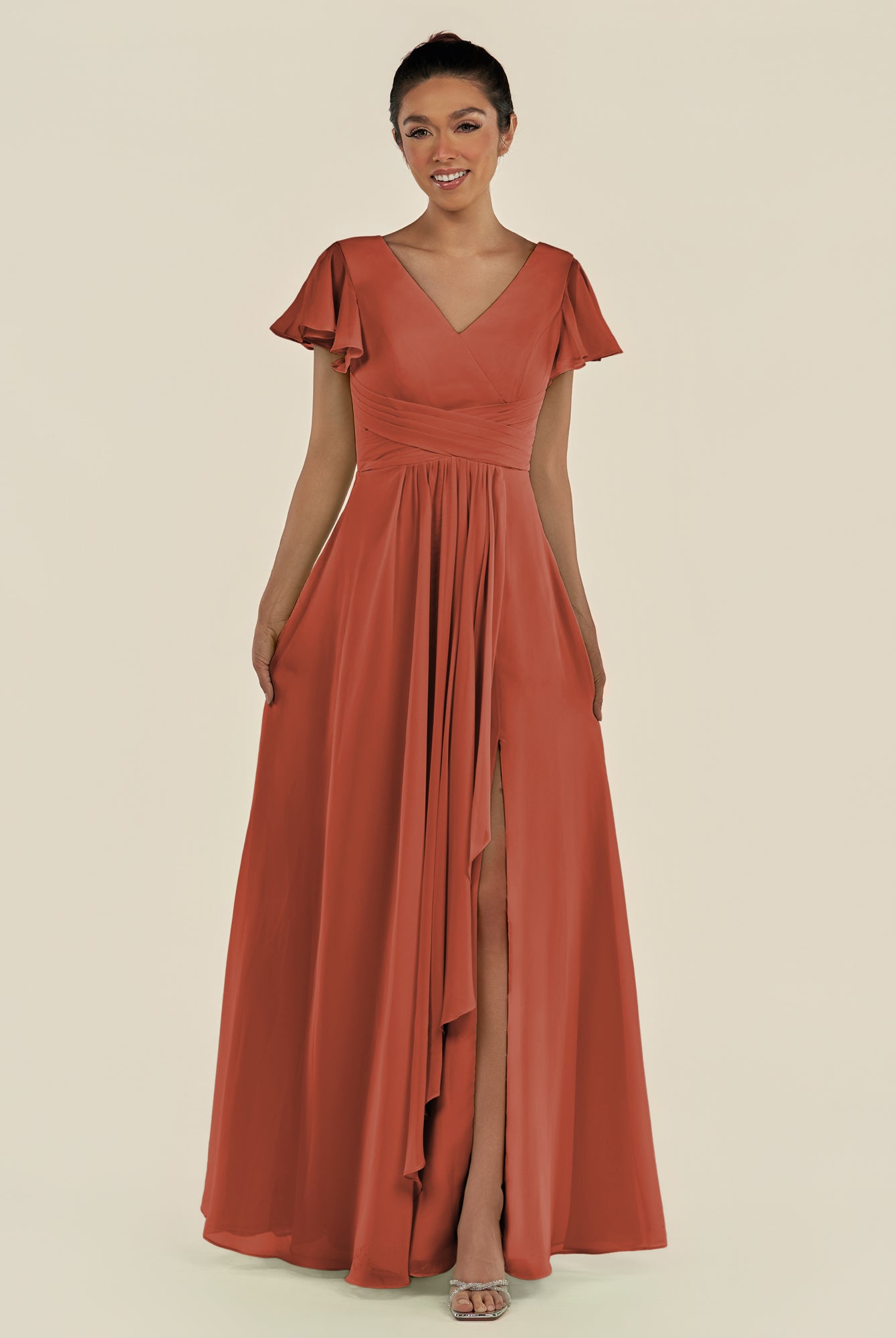 KissDress-Corin Spice A Line Chiffon V Neck Long Bridesmaid Dress with Flutter Sleeves