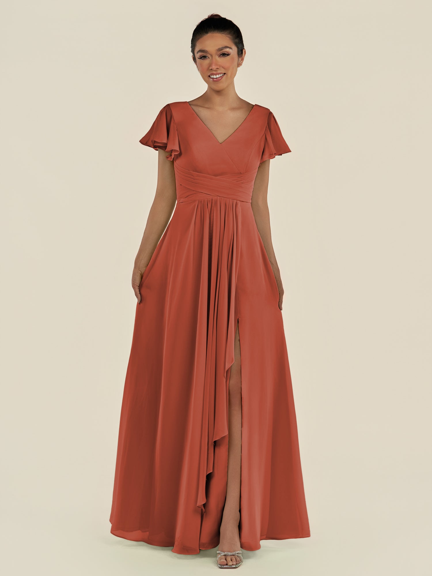 KissDress-Corin Spice A Line Chiffon V Neck Long Bridesmaid Dress with Flutter Sleeves