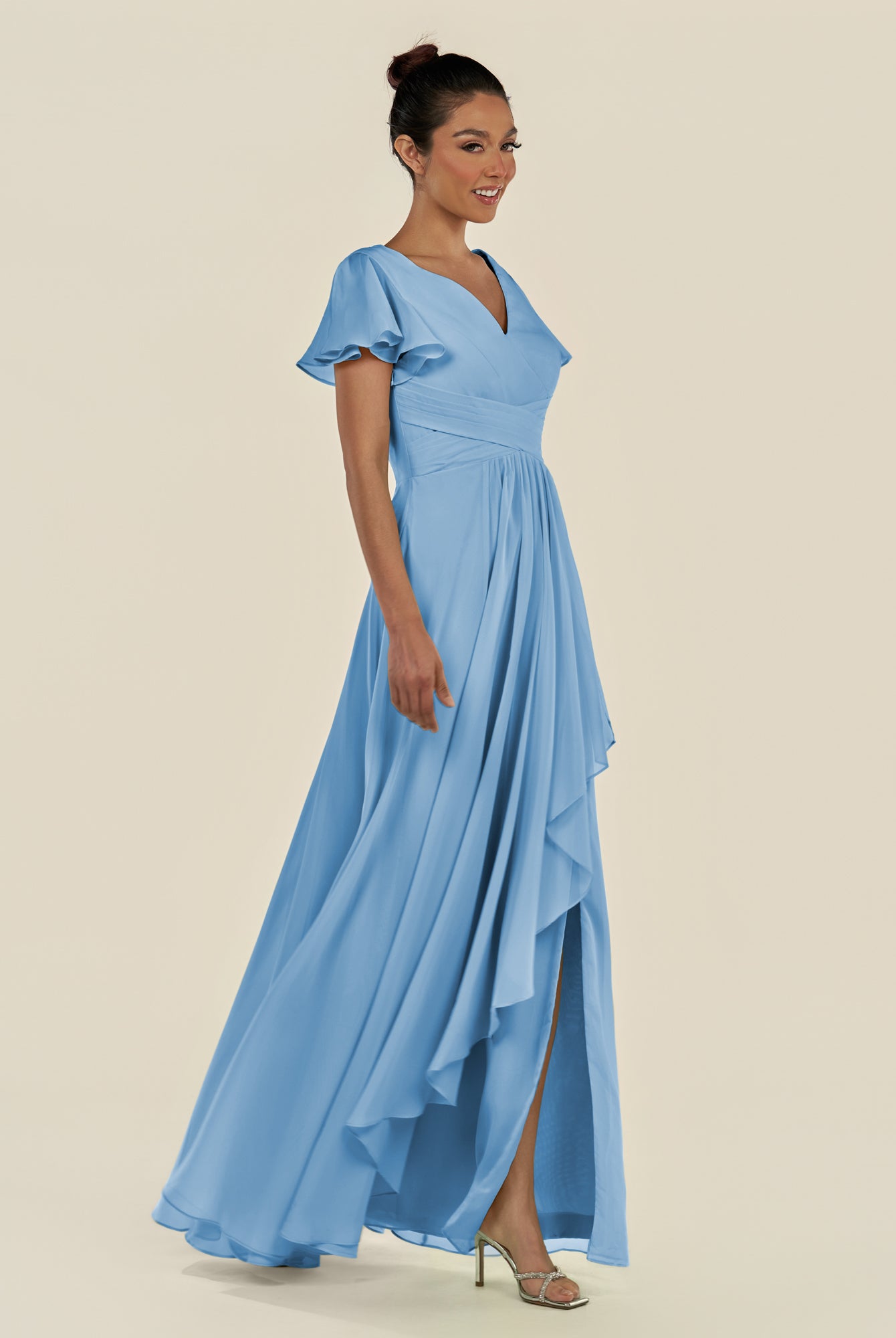 KissDress-Corin Steel Blue A Line Chiffon V Neck Long Bridesmaid Dress with Flutter Sleeves