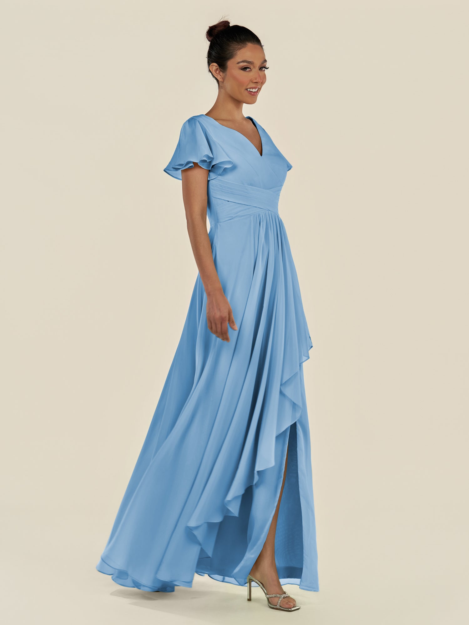 KissDress-Corin Steel Blue A Line Chiffon V Neck Long Bridesmaid Dress with Flutter Sleeves