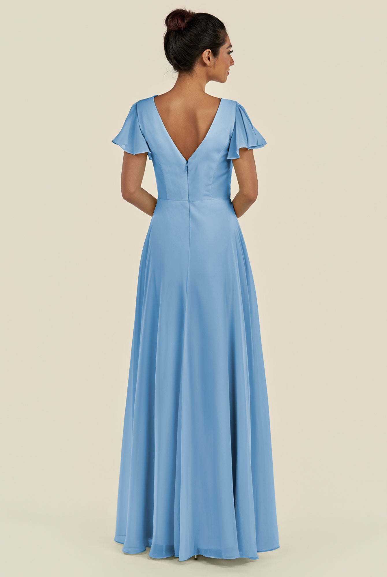 KissDress-Corin Steel Blue A Line Chiffon V Neck Long Bridesmaid Dress with Flutter Sleeves