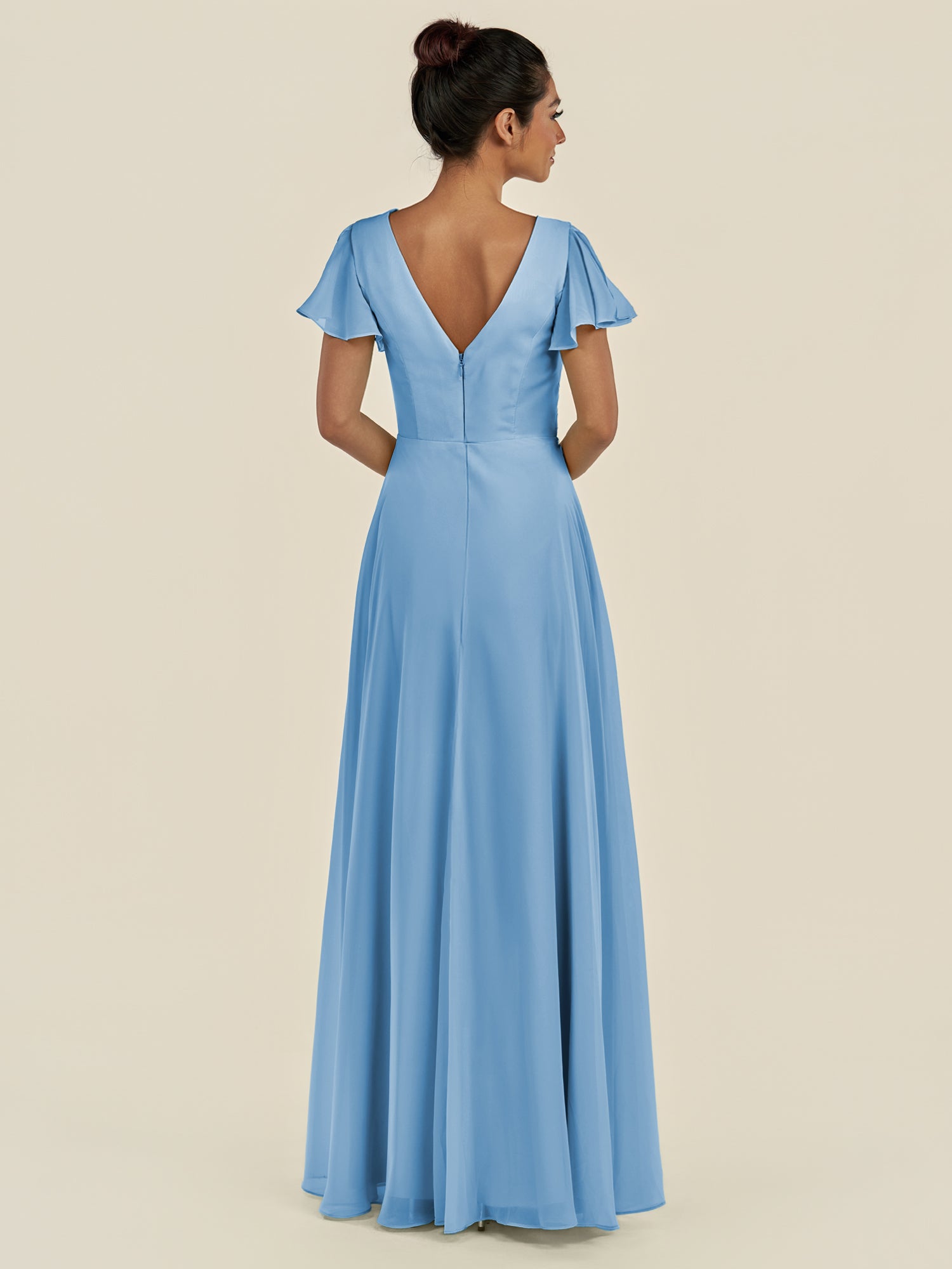 KissDress-Corin Steel Blue A Line Chiffon V Neck Long Bridesmaid Dress with Flutter Sleeves