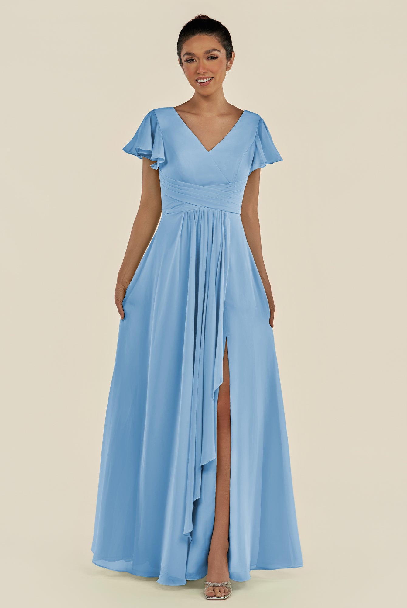 KissDress-Corin Steel Blue A Line Chiffon V Neck Long Bridesmaid Dress with Flutter Sleeves