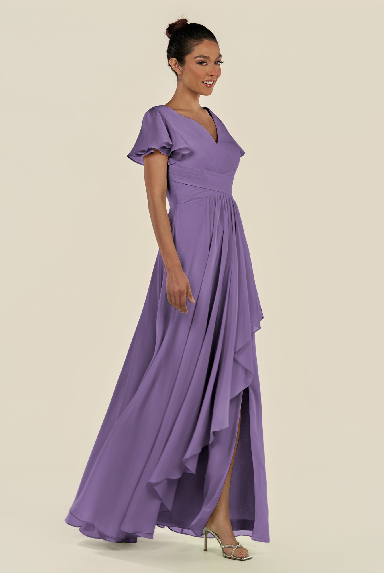 KissDress-Corin Tahiti A Line Chiffon V Neck Long Bridesmaid Dress with Flutter Sleeves