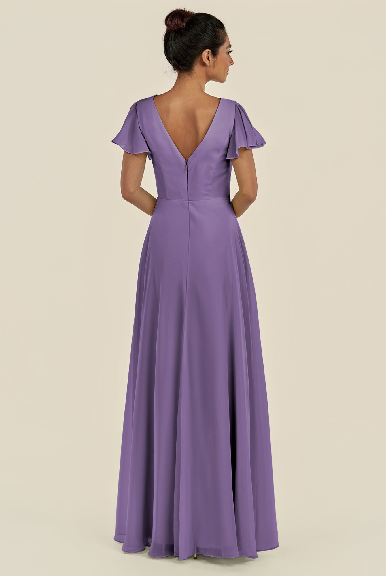 KissDress-Corin Tahiti A Line Chiffon V Neck Long Bridesmaid Dress with Flutter Sleeves