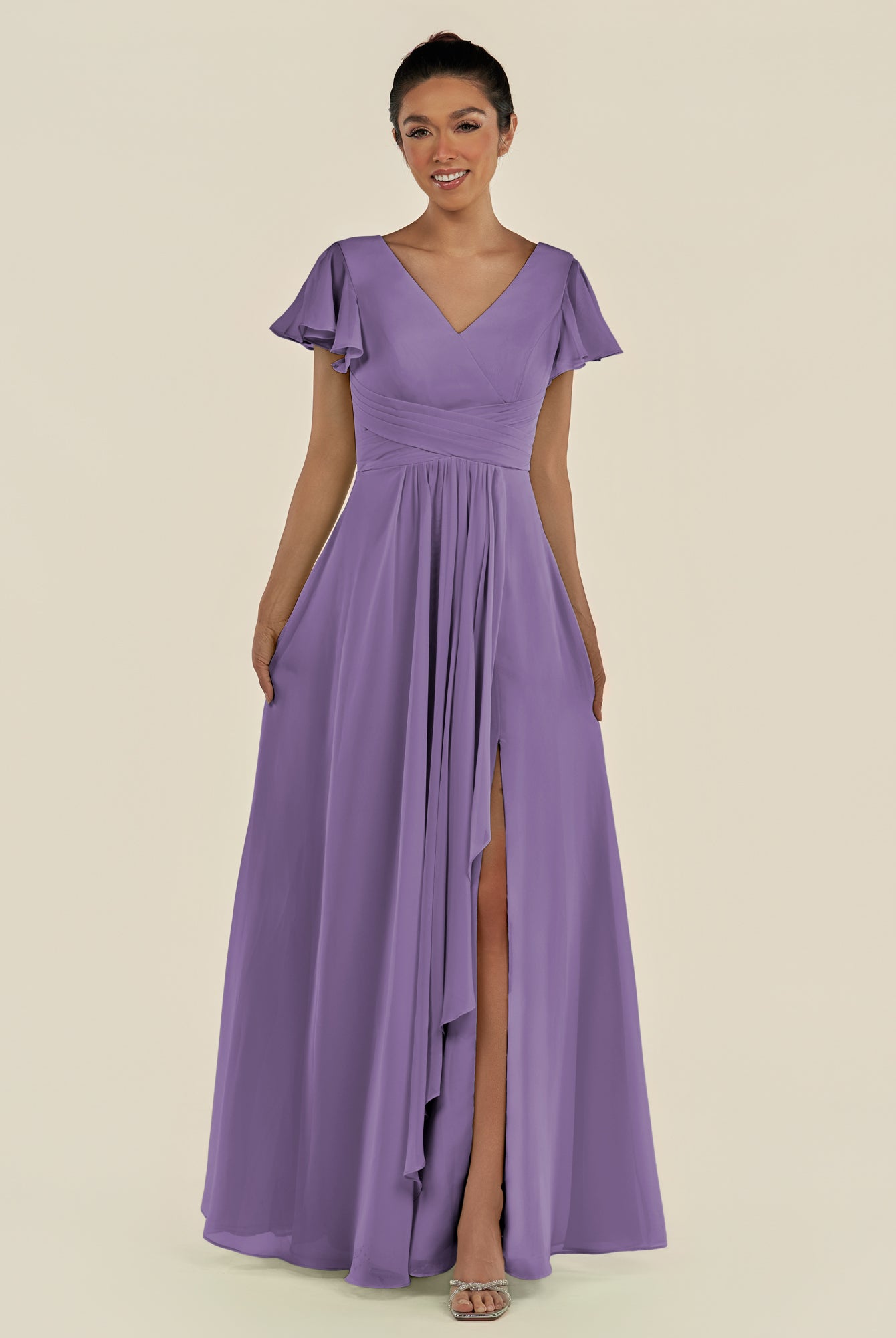KissDress-Corin Tahiti A Line Chiffon V Neck Long Bridesmaid Dress with Flutter Sleeves